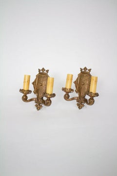 1920’s Tudor Style Bronze Two Arm Lincoln Manufacturing Sconces – A Pair