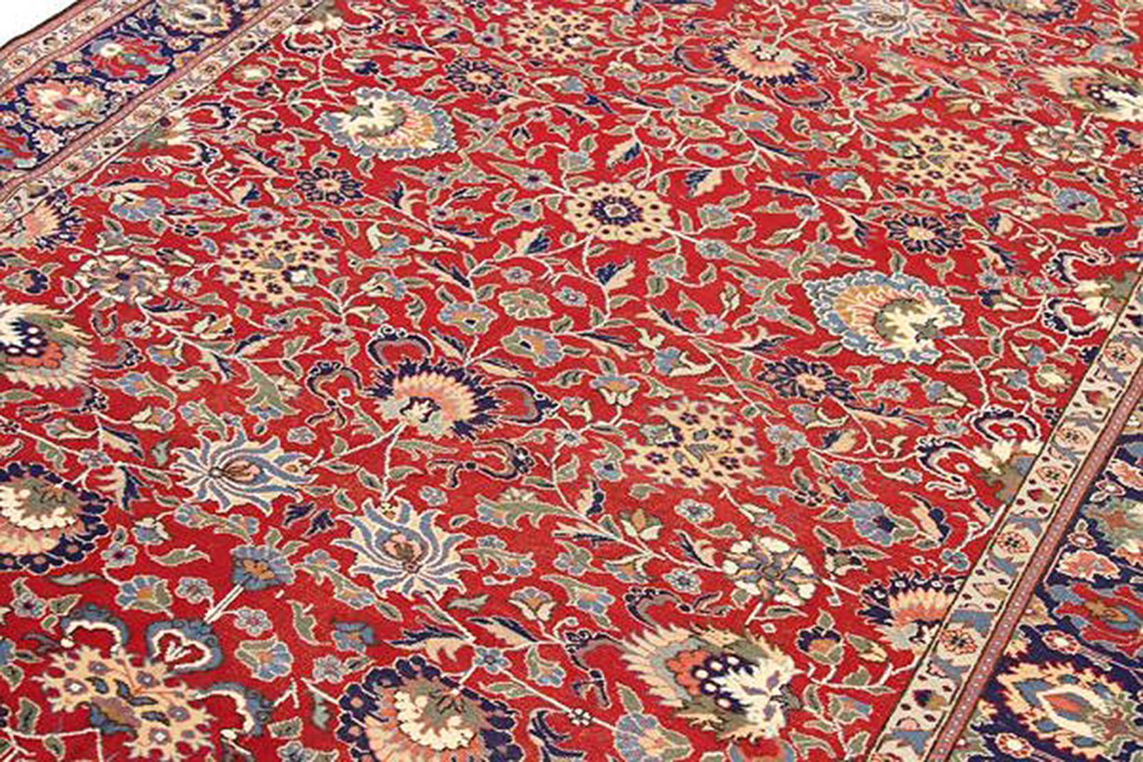 Islamic 1920s Turkish Sivas Rug with Navy and Gray Floral Motifs on Red Field For Sale