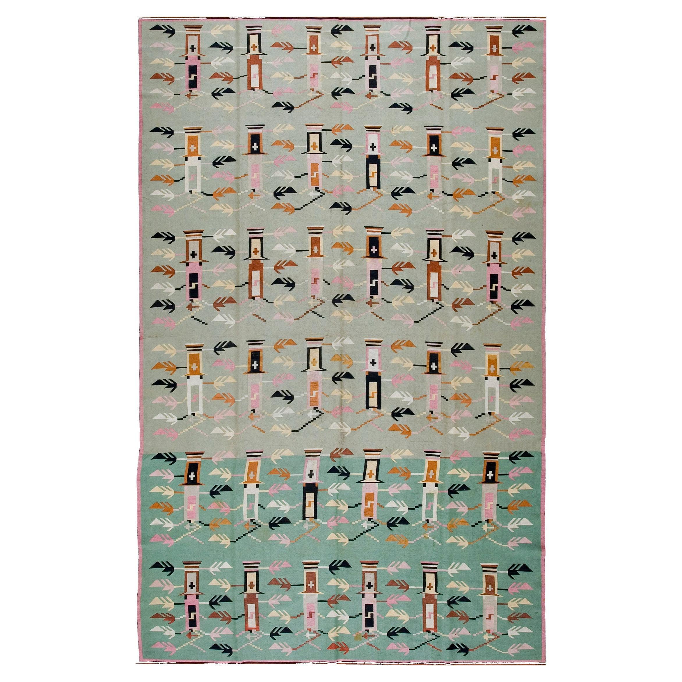 1920s Turquoise Teal Antique Besserabian Flatwoven Kilim Rug 7
9" x 12
4" Carpet For Sale