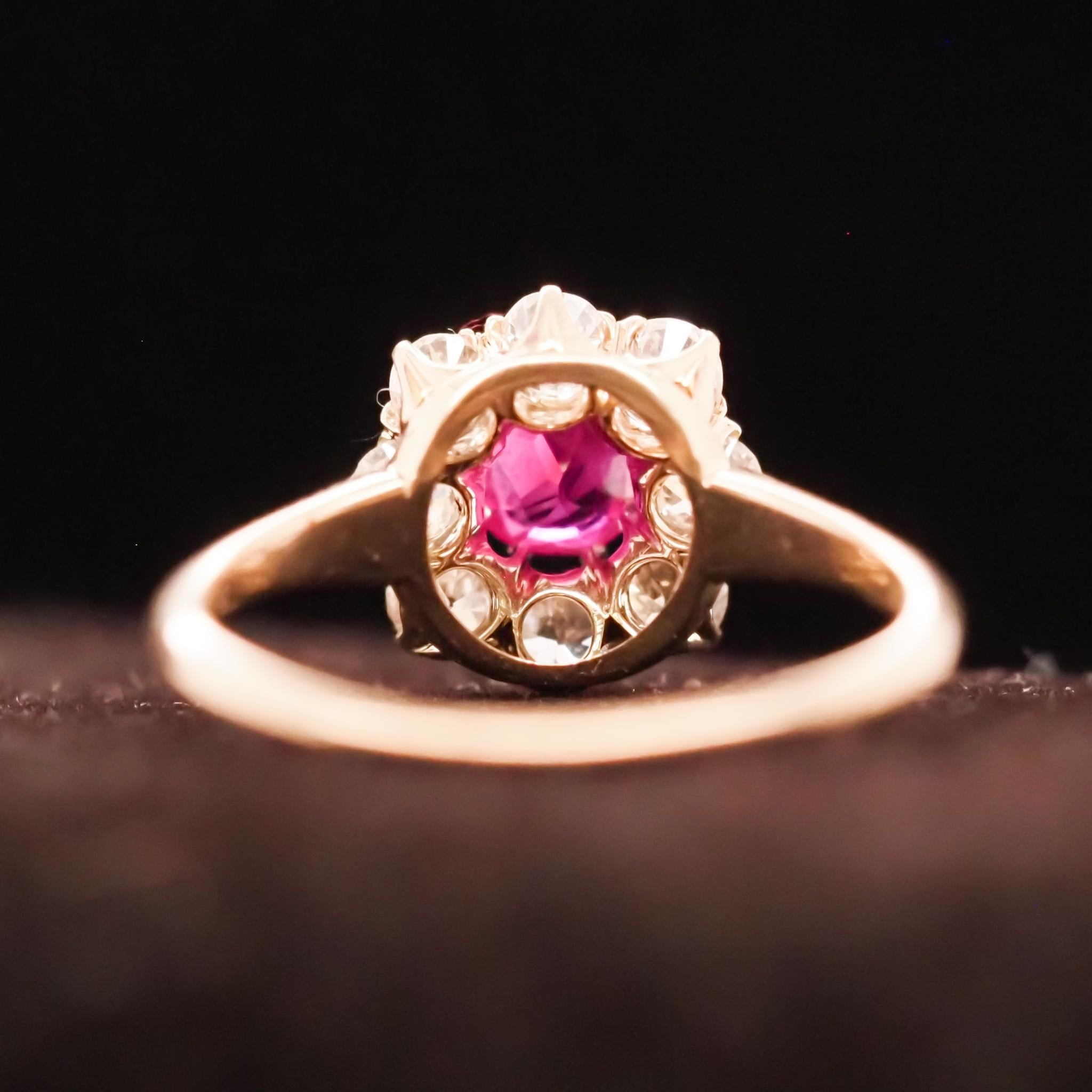 1920s Unheated Natural Ruby 18 Karat Yellow Gold Old Mine Diamond Halo Ring In Good Condition For Sale In Atlanta, GA