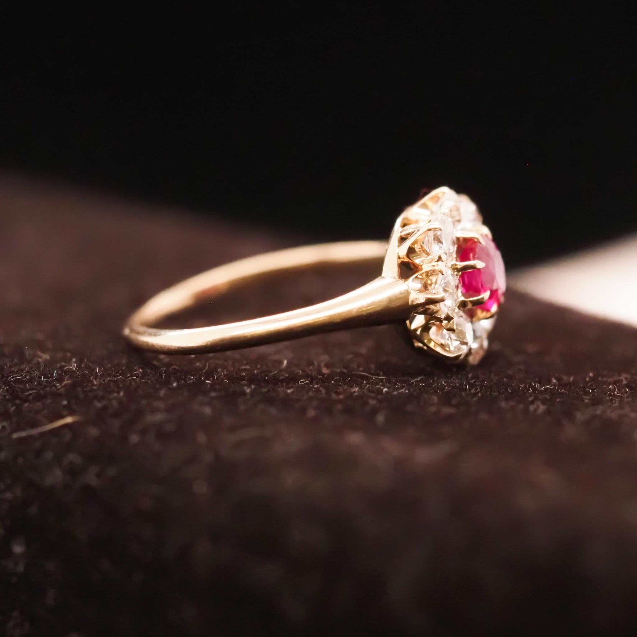 1920s Unheated Natural Ruby 18 Karat Yellow Gold Old Mine Diamond Halo Ring For Sale 1