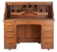 1920s United States Roll Top Office Desk with Drawers and Wheels