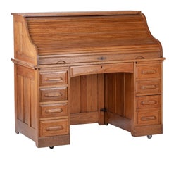 1920s United States Roll Top Office Desk with Drawers and Wheels