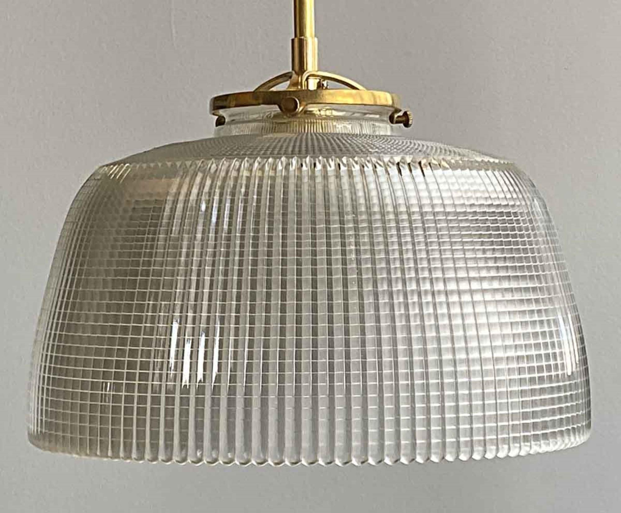 Industrial 1920s Unusual Fluted Holophane Shade Pendant Light with Brass Canopy and Chain