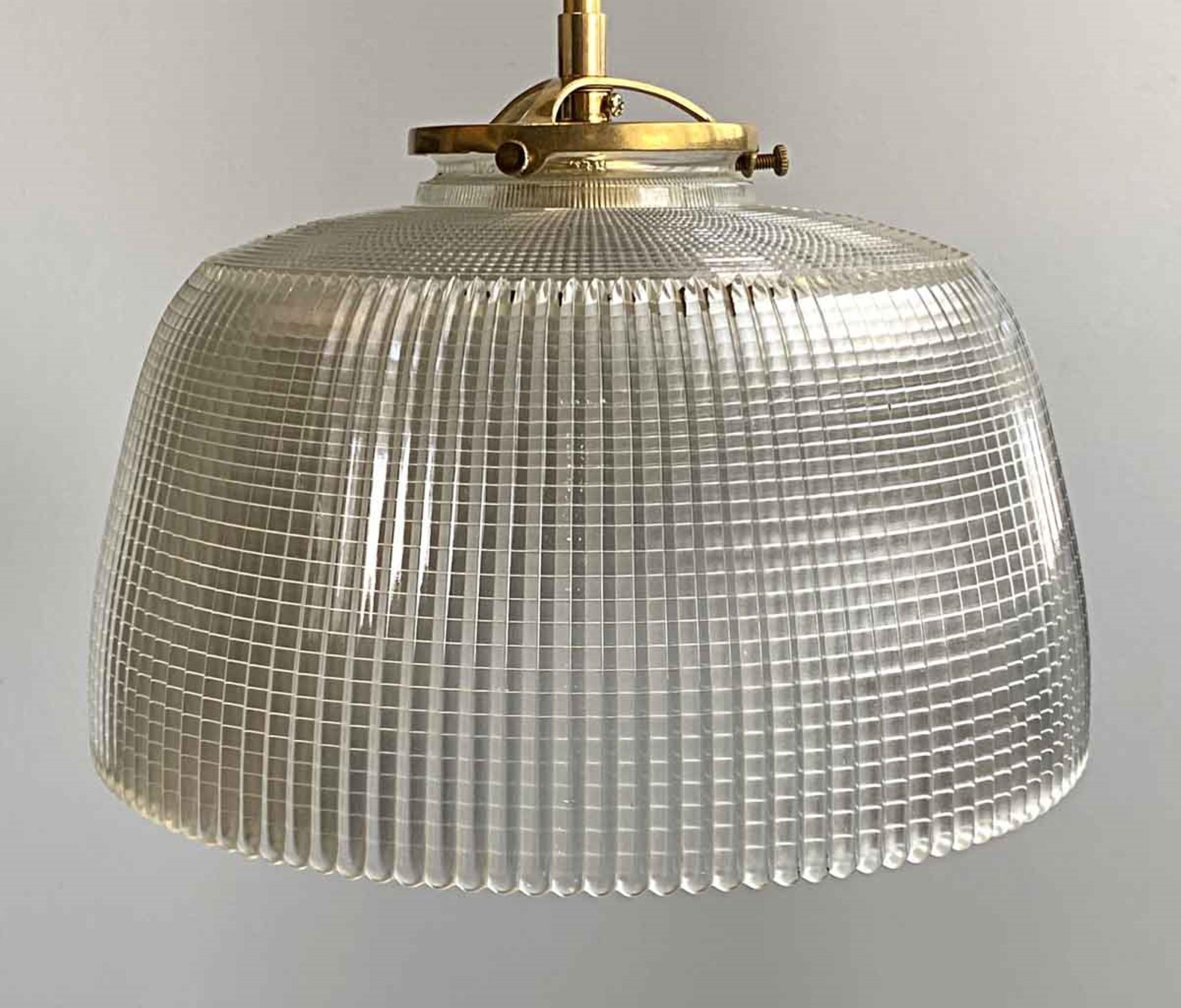 American 1920s Unusual Fluted Holophane Shade Pendant Light with Brass Canopy and Chain
