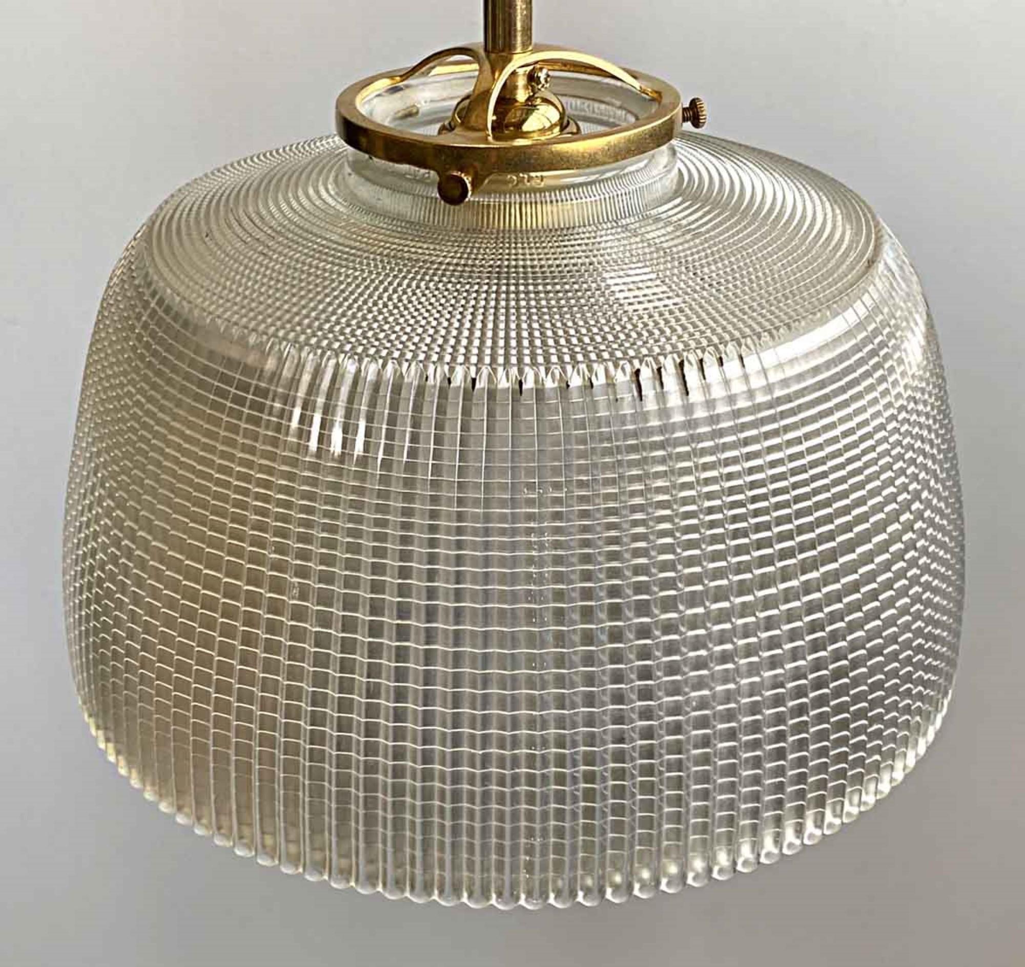 1920s Unusual Fluted Holophane Shade Pendant Light with Brass Canopy and Chain In Good Condition In New York, NY