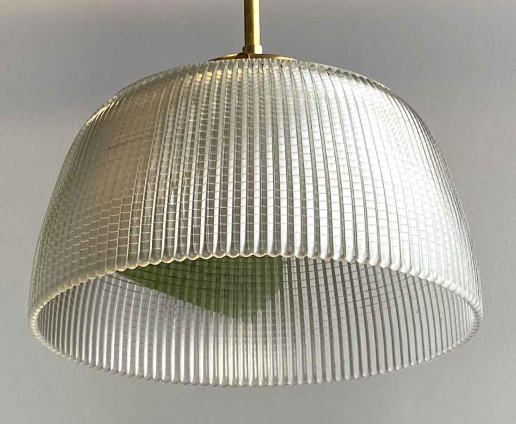 1920s Unusual Fluted Holophane Shade Pendant Light with Brass Canopy and Chain 1