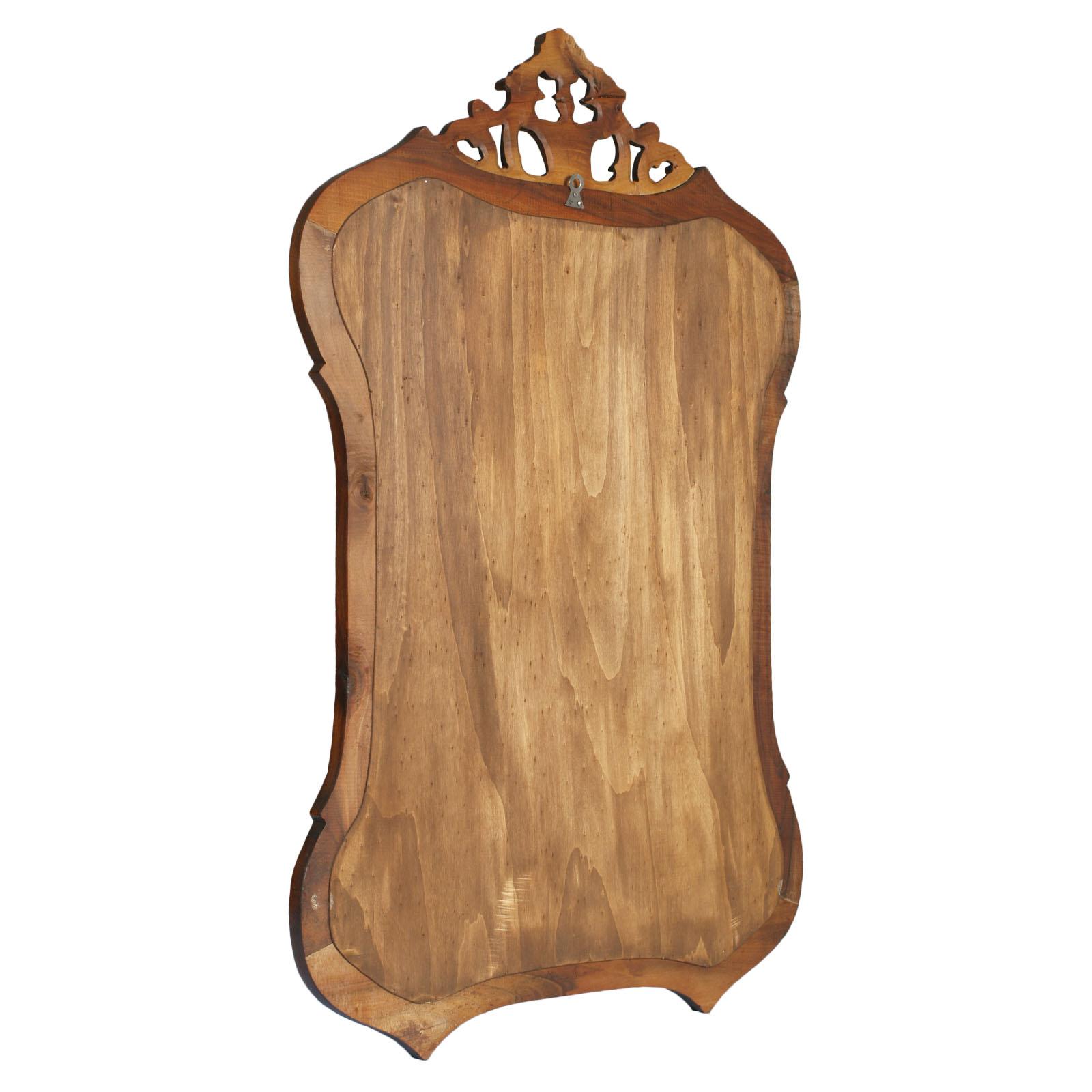 Beveled 1920s Venetian Wall Mirror Hand Carved & Shaped Walnut, Wax Polished For Sale