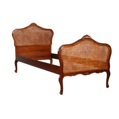 1920s Venetian Single Bed Hand Carved Walnut Wien Straw Wax-Polished