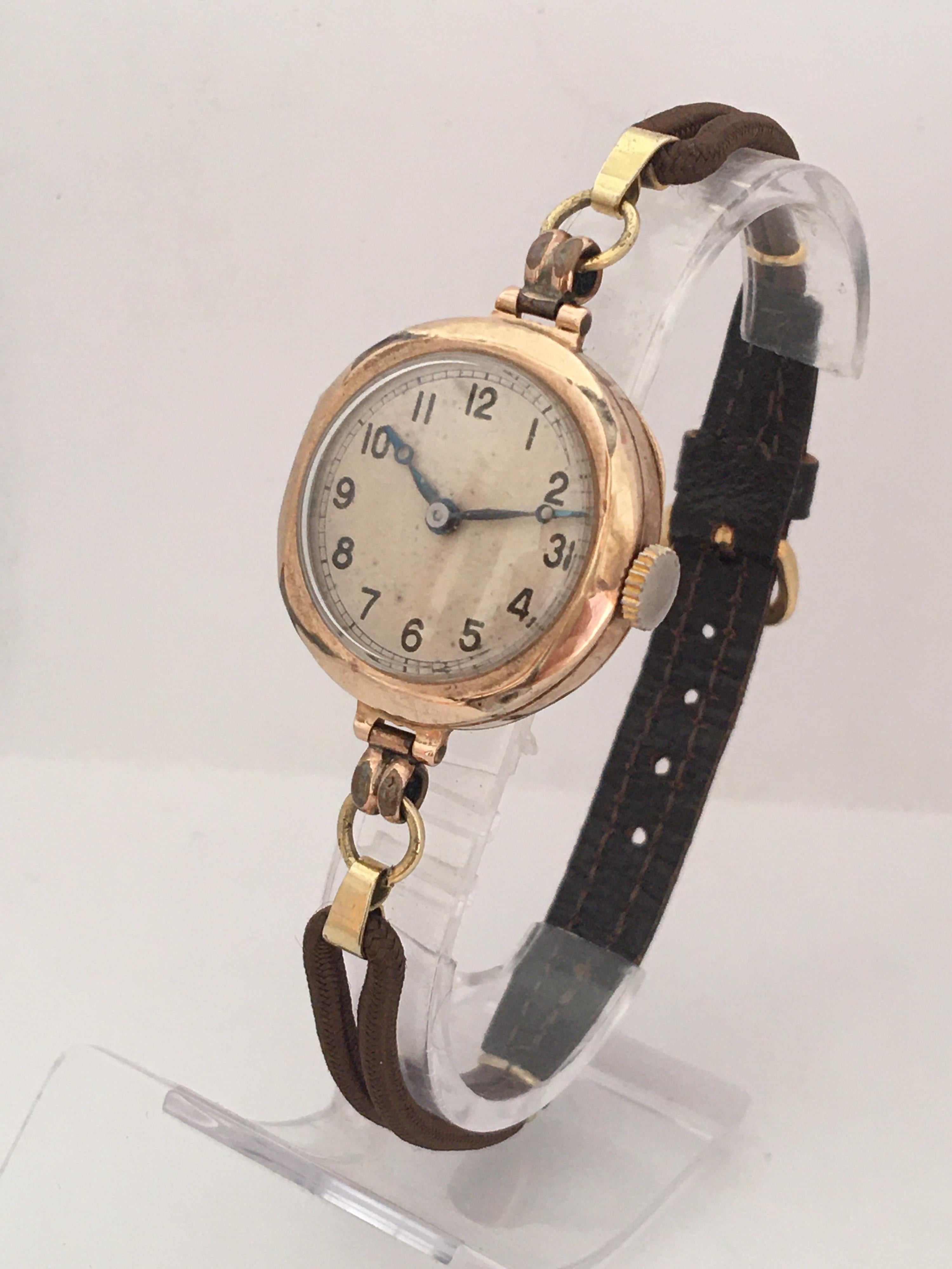 This beautiful Pre-owned vintage gold Swiss trench watch is in good working condition and it runs well. Some little scratches and tiny dents on the gold watch case as shown. Its silvered dial has aged.

Please study the images carefully as form part