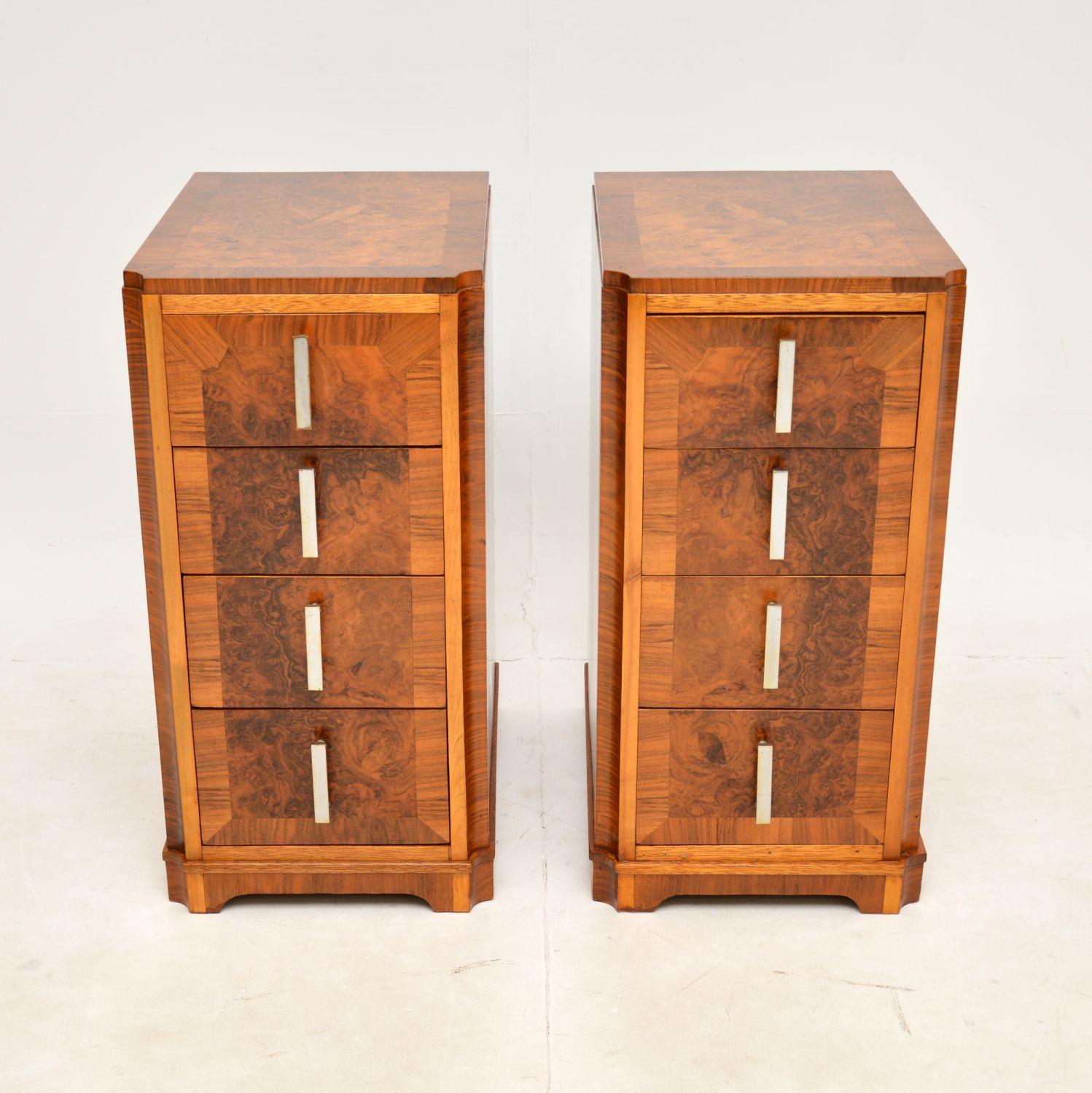 A fantastic pair of Art Deco period bedside chests in walnut. They were made in England, and they date from the 1920-1930s.

The quality is outstanding, they are a great size and have lots of storage space. The canted corners are beautifully