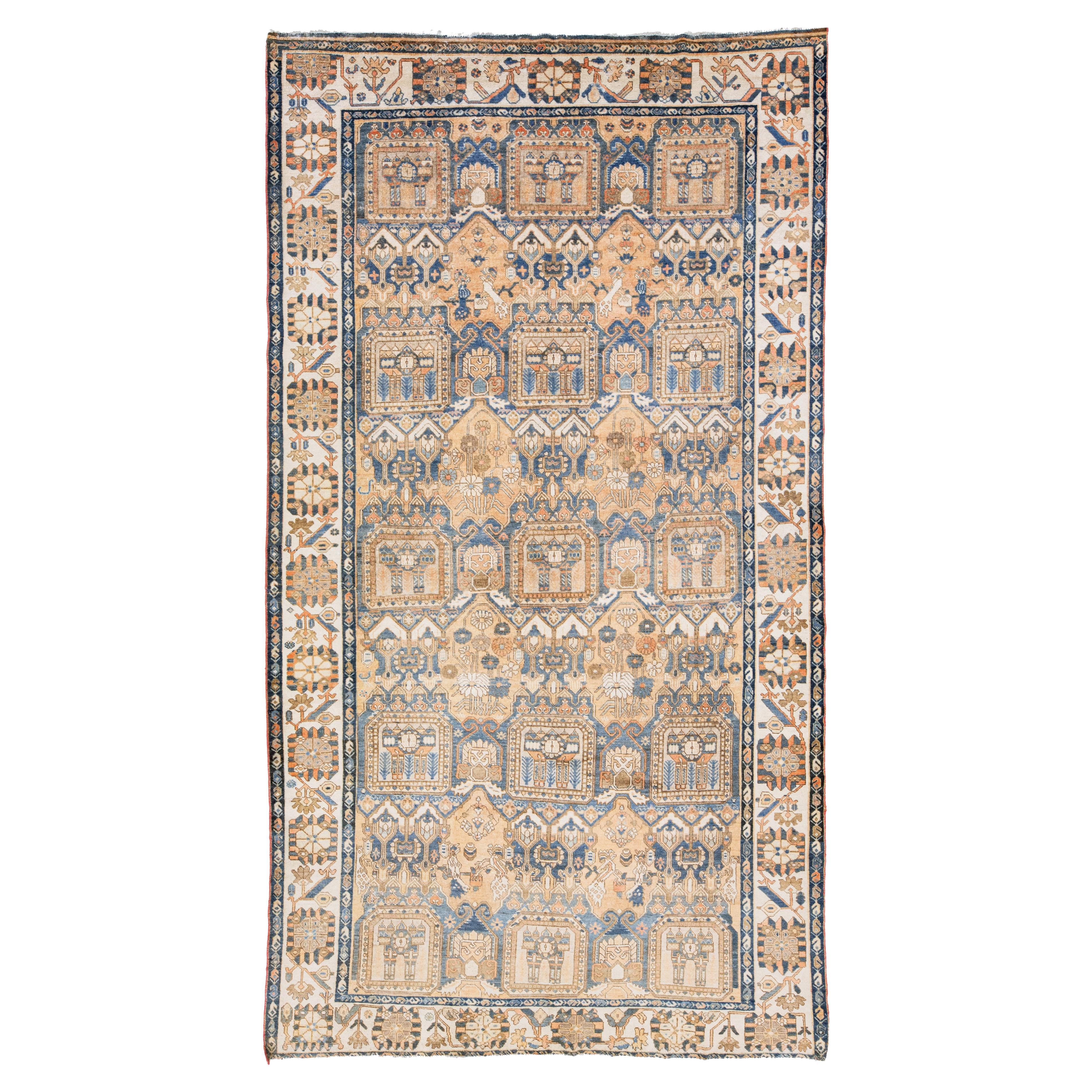 1920s Vintage Bakhtiari Handmade Medallion Tan Wool Rug (Tapis de laine)