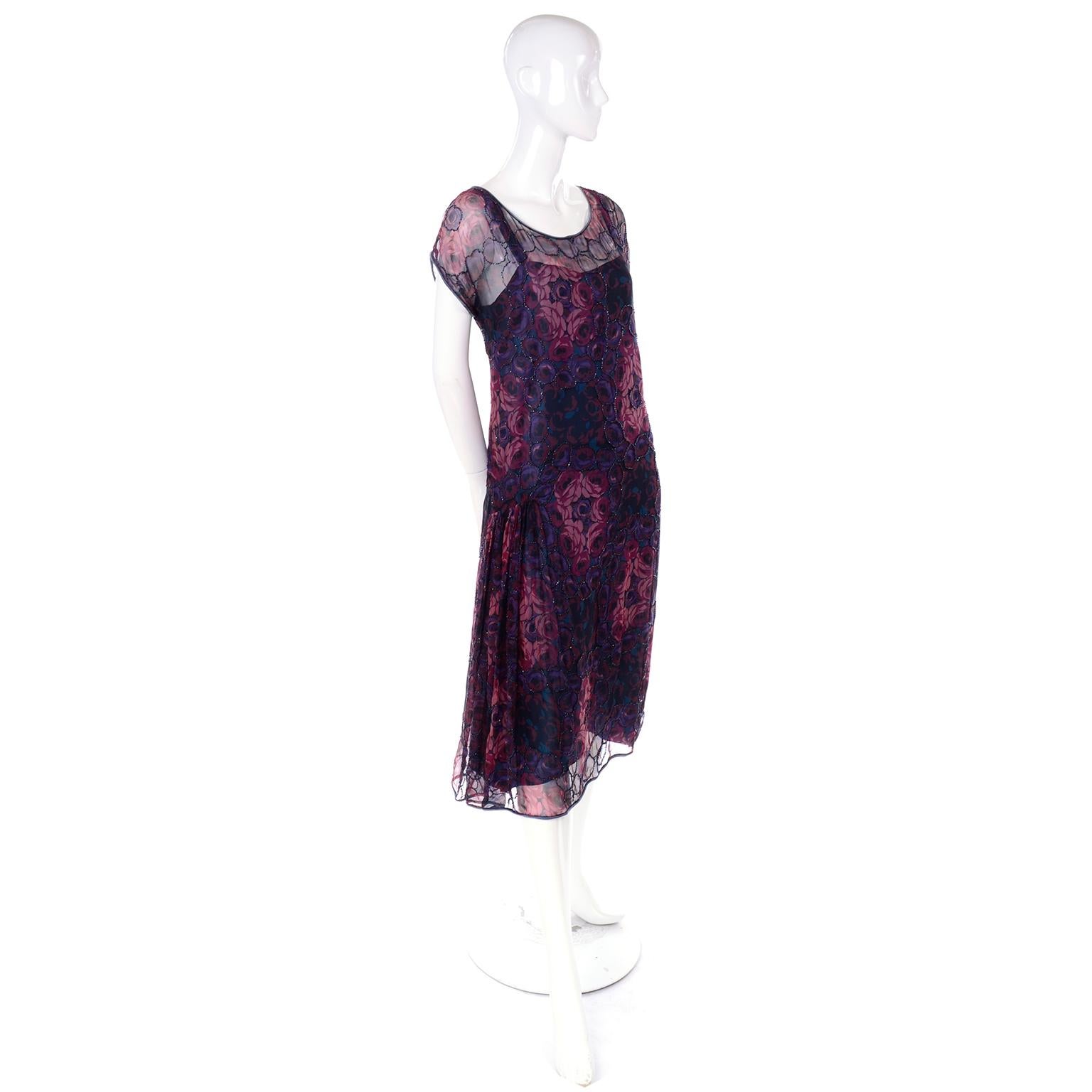Black 1920s Vintage Beaded Sheer Floral Silk Dress W Under dress Rose Pattern Design