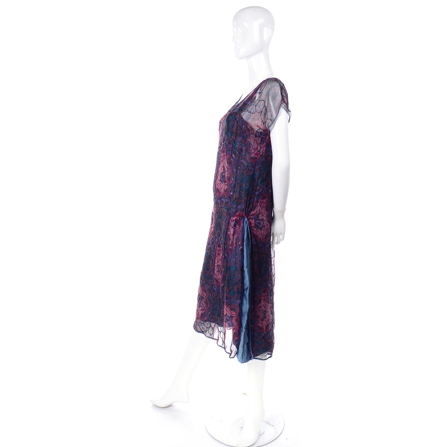 1920s Vintage Beaded Sheer Floral Silk Dress W Under dress Rose Pattern Design In Excellent Condition In Portland, OR