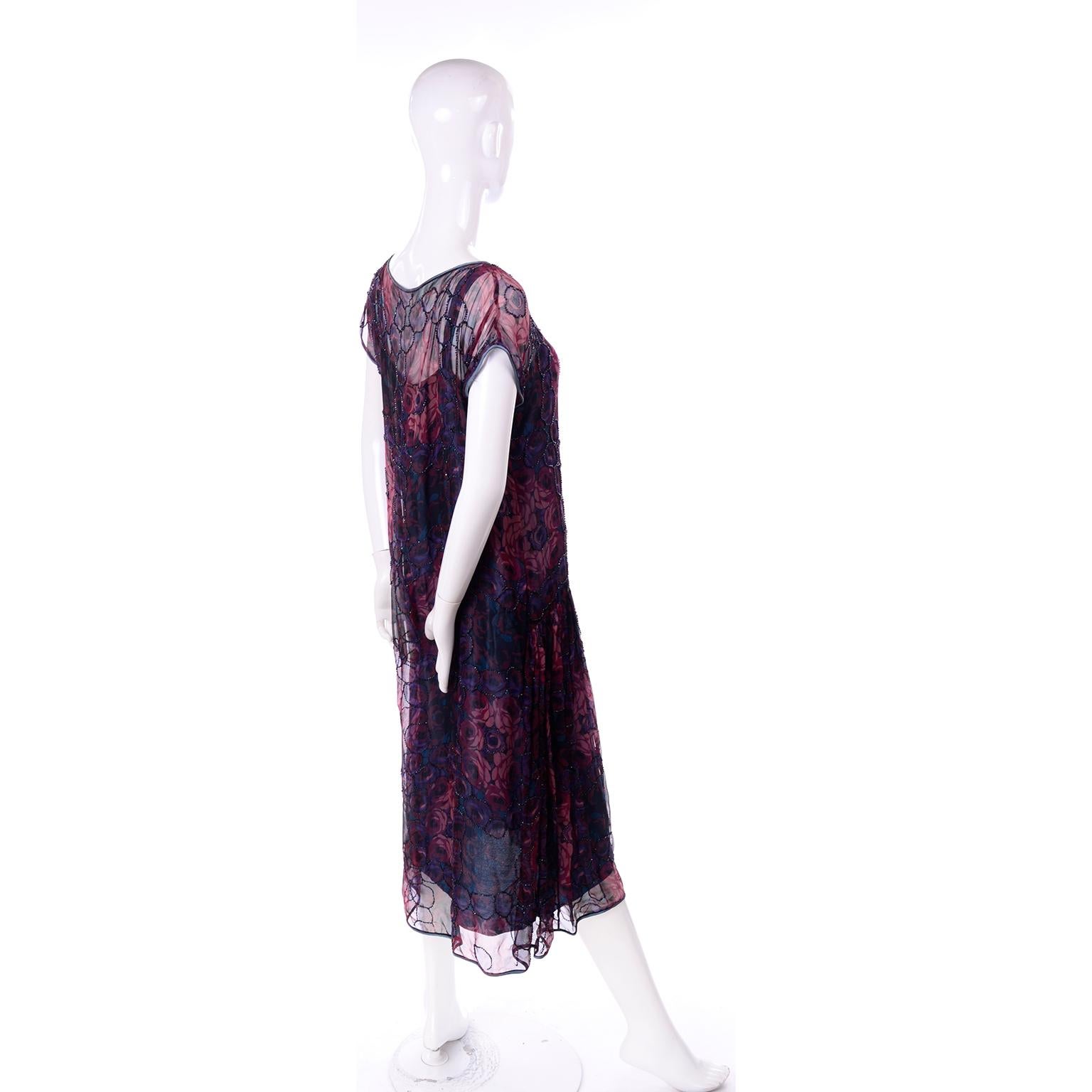 Women's 1920s Vintage Beaded Sheer Floral Silk Dress W Under dress Rose Pattern Design