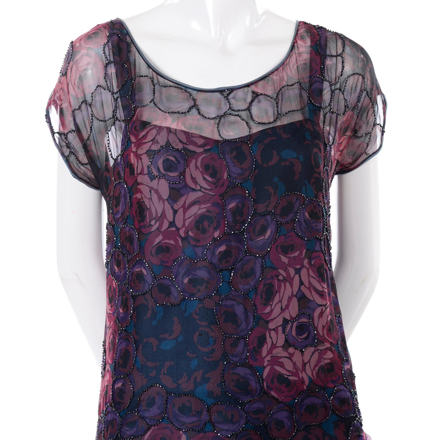 1920s Vintage Beaded Sheer Floral Silk Dress W Under dress Rose Pattern Design 2