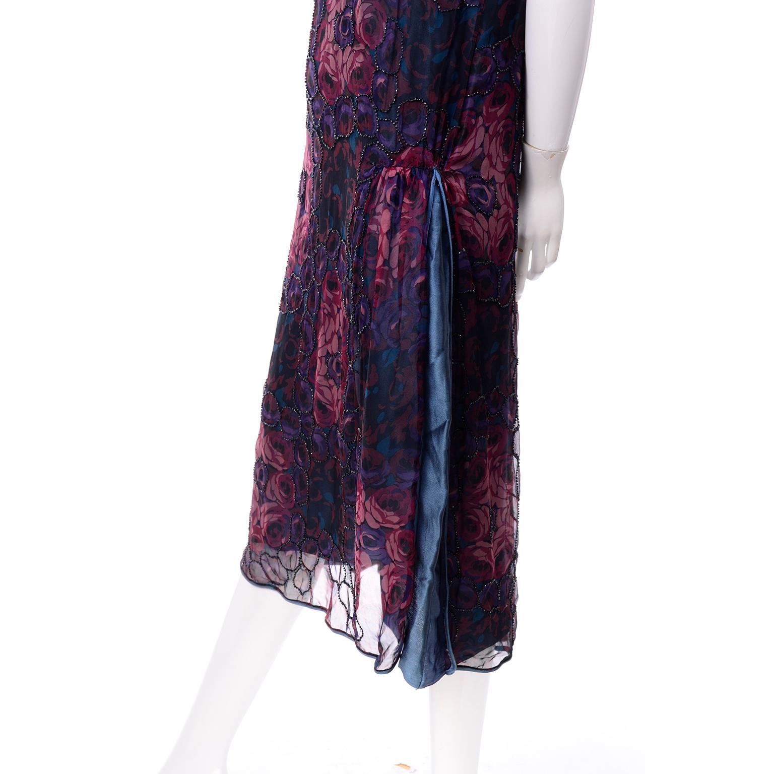 1920s Vintage Beaded Sheer Floral Silk Dress W Under dress Rose Pattern Design 3