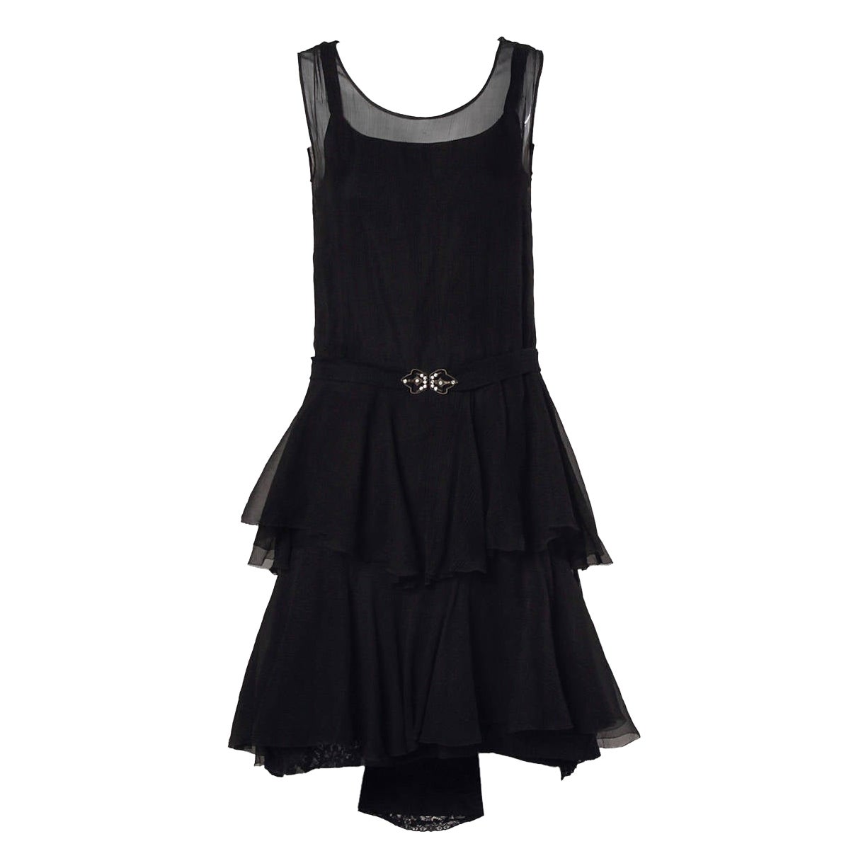 1920s Vintage Black Silk Chiffon Flapper Dress with Rhinestone Belt