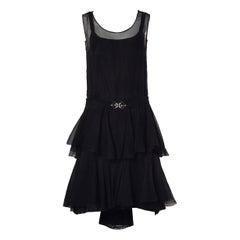 1920s Vintage Black Silk Chiffon Flapper Dress with Rhinestone Belt