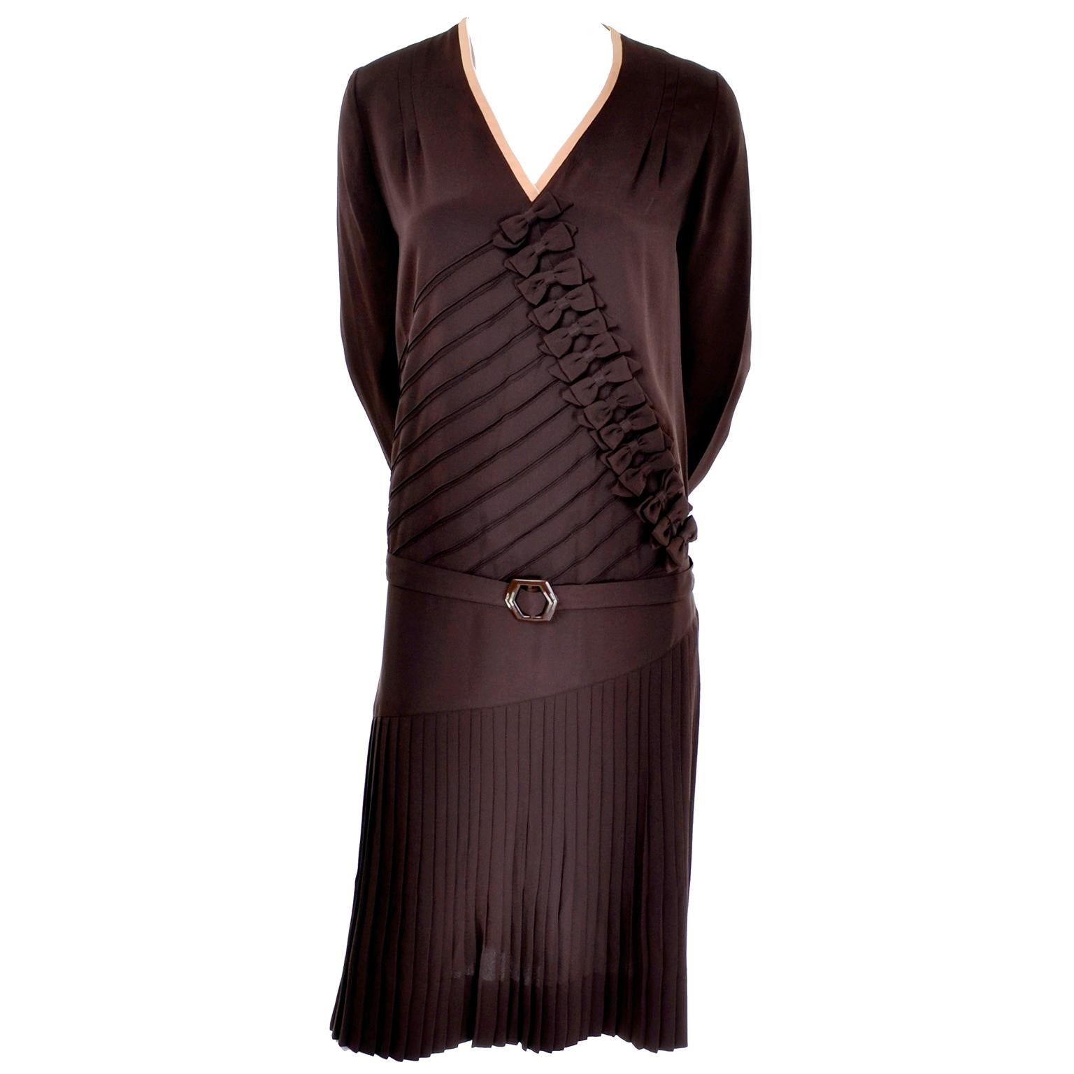 1920s Vintage Chocolate Brown Silk Peach Trimmed Dress W/ Fine  Pleating & Bows