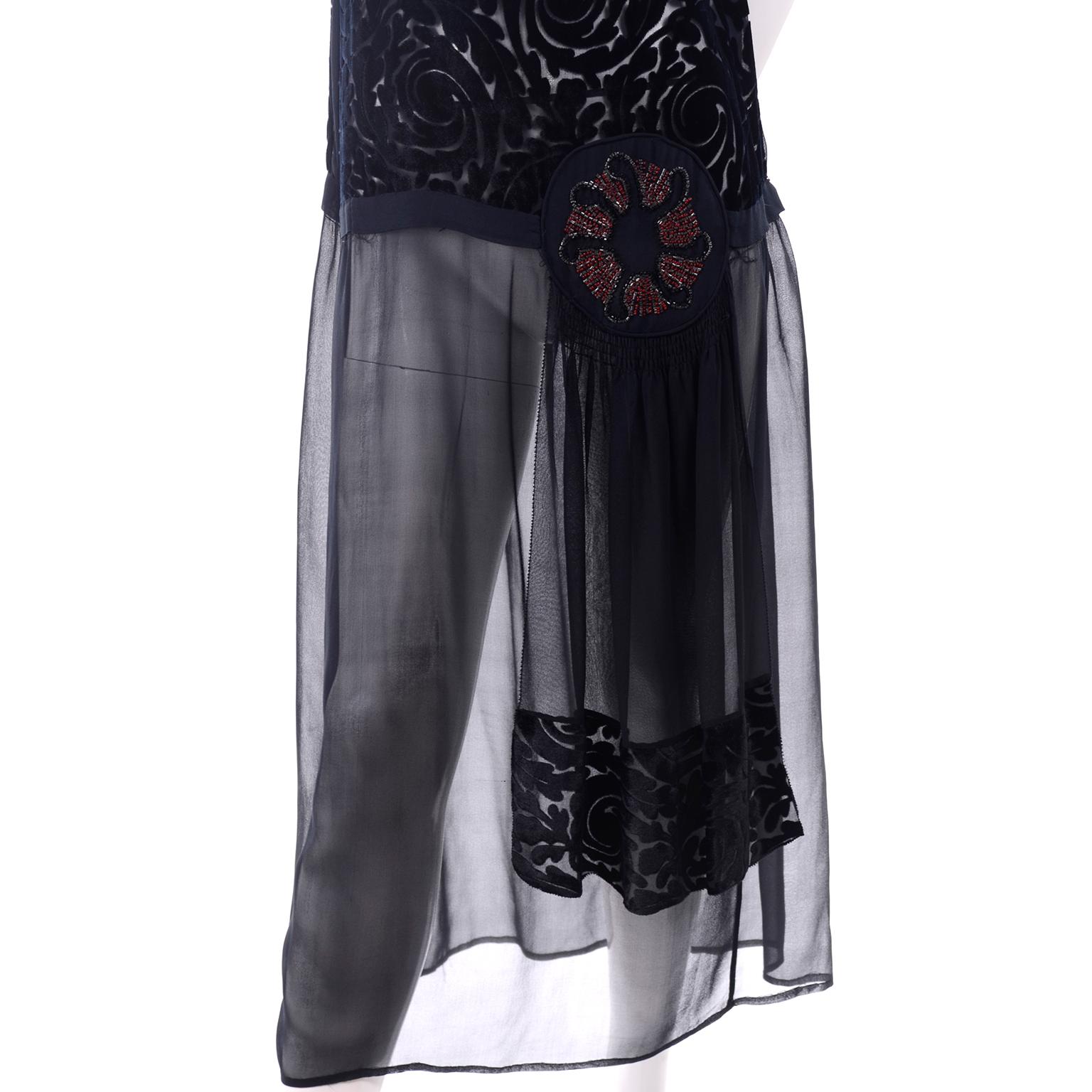 1920s Vintage Dress in Black Cut Velvet & Silk Chiffon W/ Red Beaded Flower 3