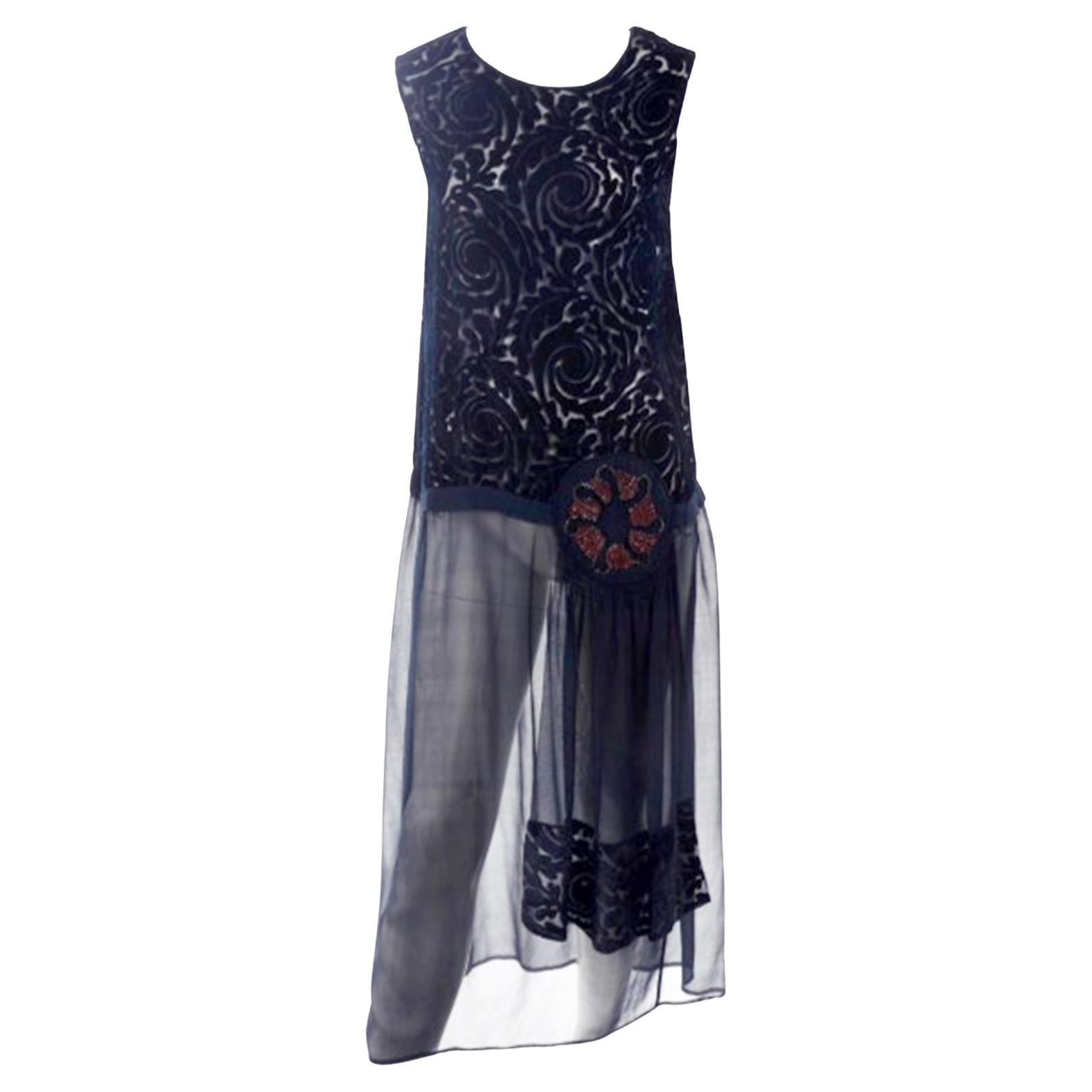 1920s Vintage Dress in Black Cut Velvet 
Silk Chiffon W/ Red Beaded Flower