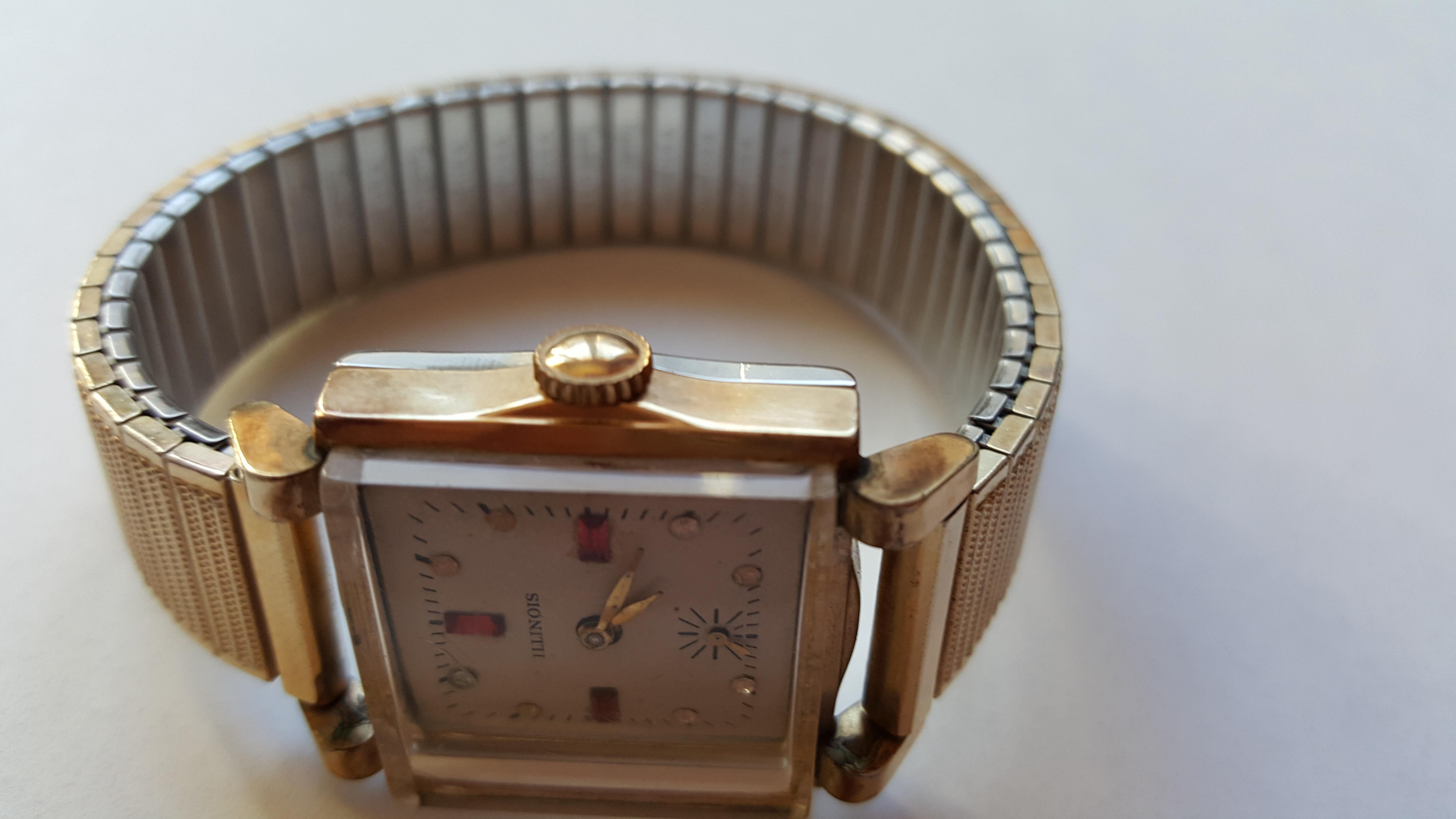 Men's 1920s Vintage Illinois Watch Square Case, 10 Karat Gold-Plated