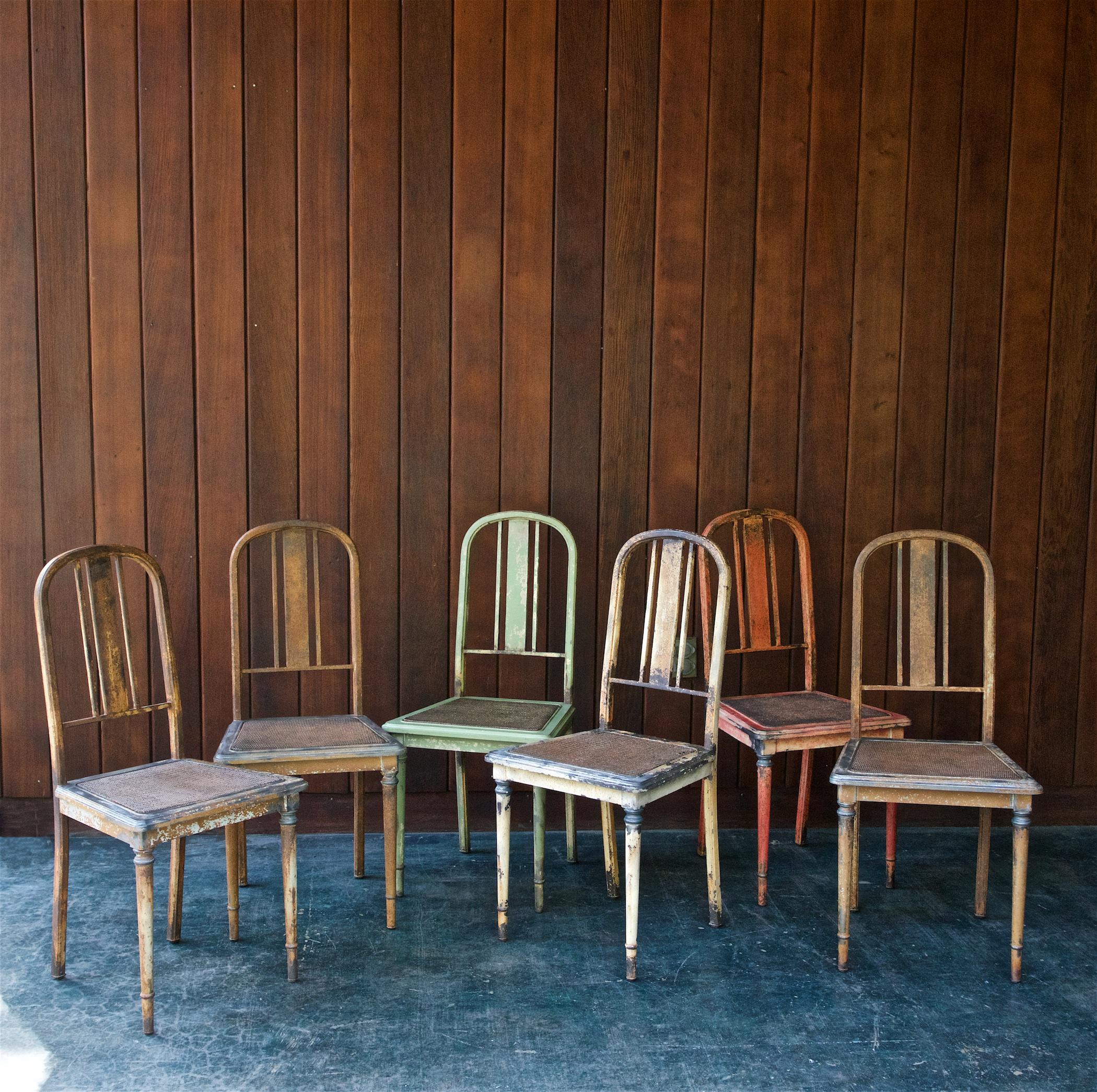 1920s vintage Industrial Simmons steel bank vault dining chairs, set of six.