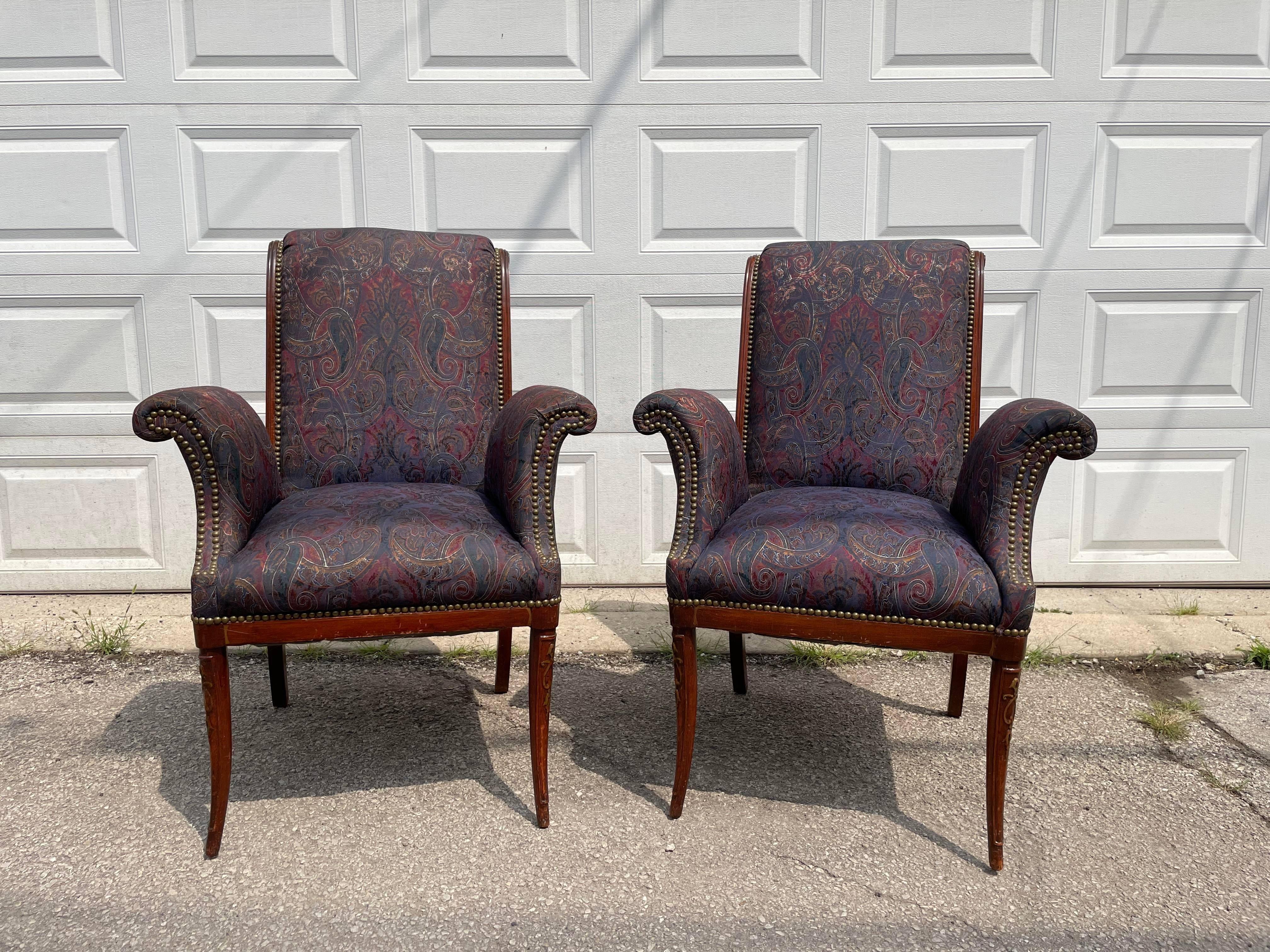 1920s Vintage Italian Chairs in Upholstery with Wood, a Pair In Fair Condition In Chicago, IL