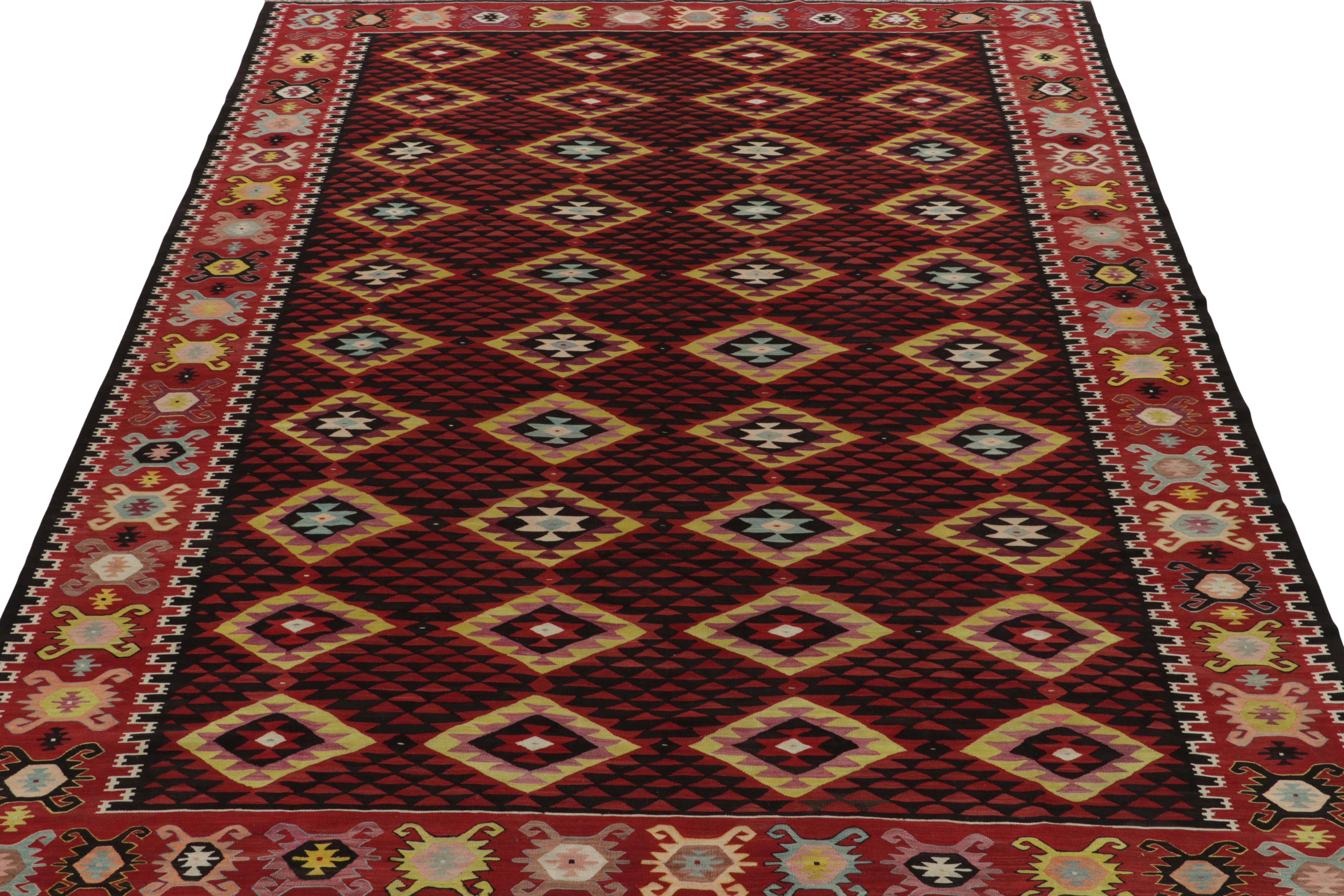 Handwoven in fine wool, a 10x12 antique kilim rug from believed to be of rare Macedonian origin circa 1920-1930. 

Sometimes called Thracian among scholars of Thrace-Macedonia, the design reflects a flamboyant approach in tribal design with