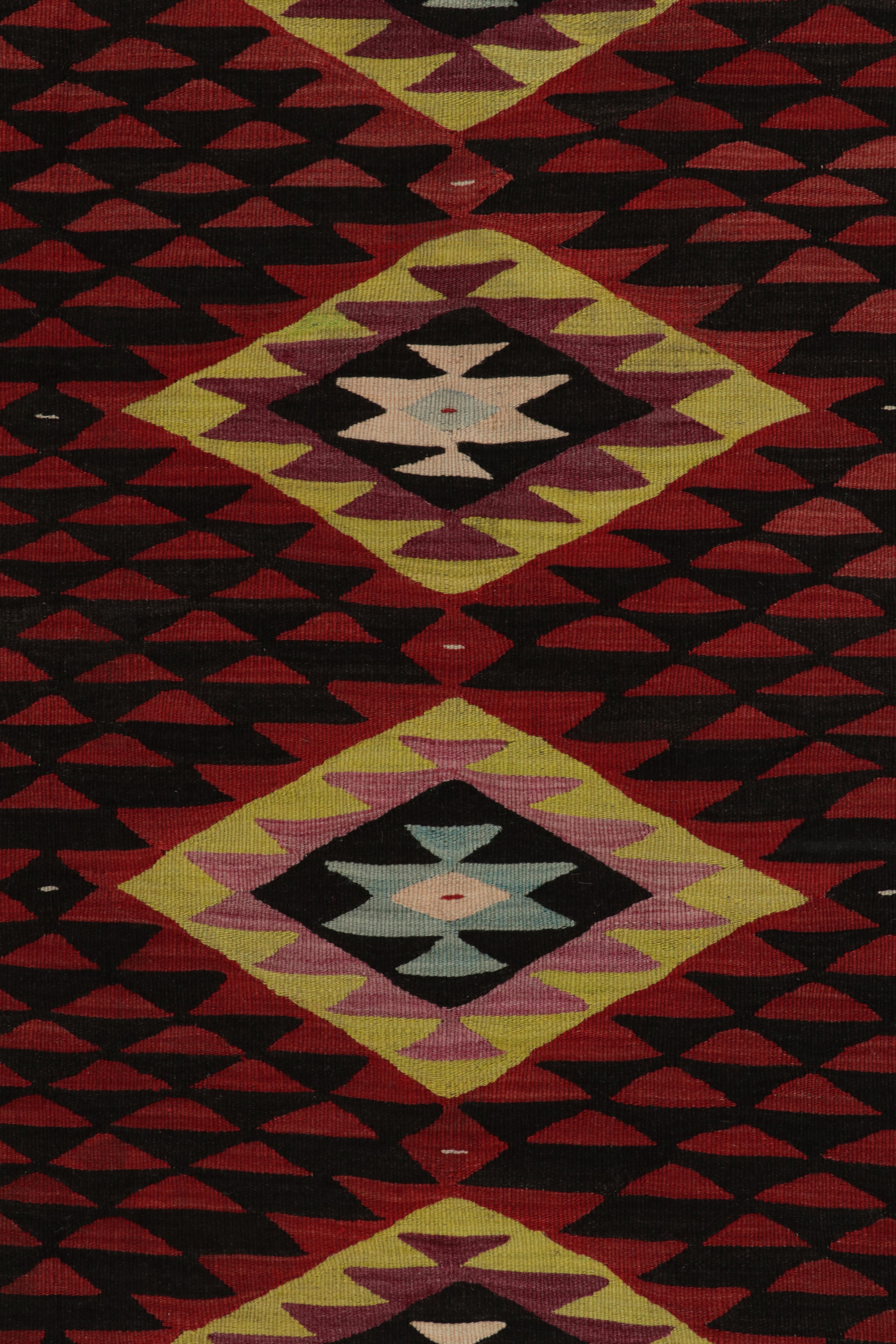 Hand-Knotted 1920s Vintage Kilim in Red, Black & Pink Tribal Geometric Pattern by Rug & Kilim For Sale