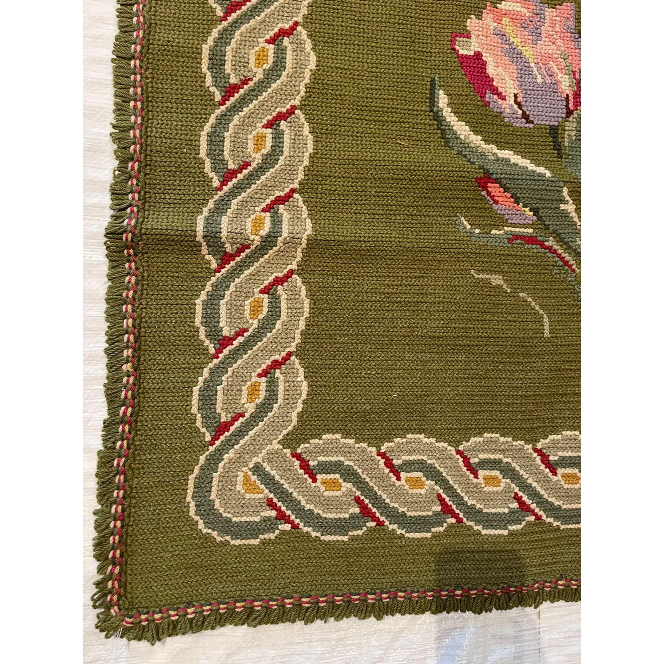 Kilim 1920s Vintage Mute Green Floral Style Needlework Rug