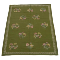 1920s Antique Mute Green Floral Style Needlework Rug