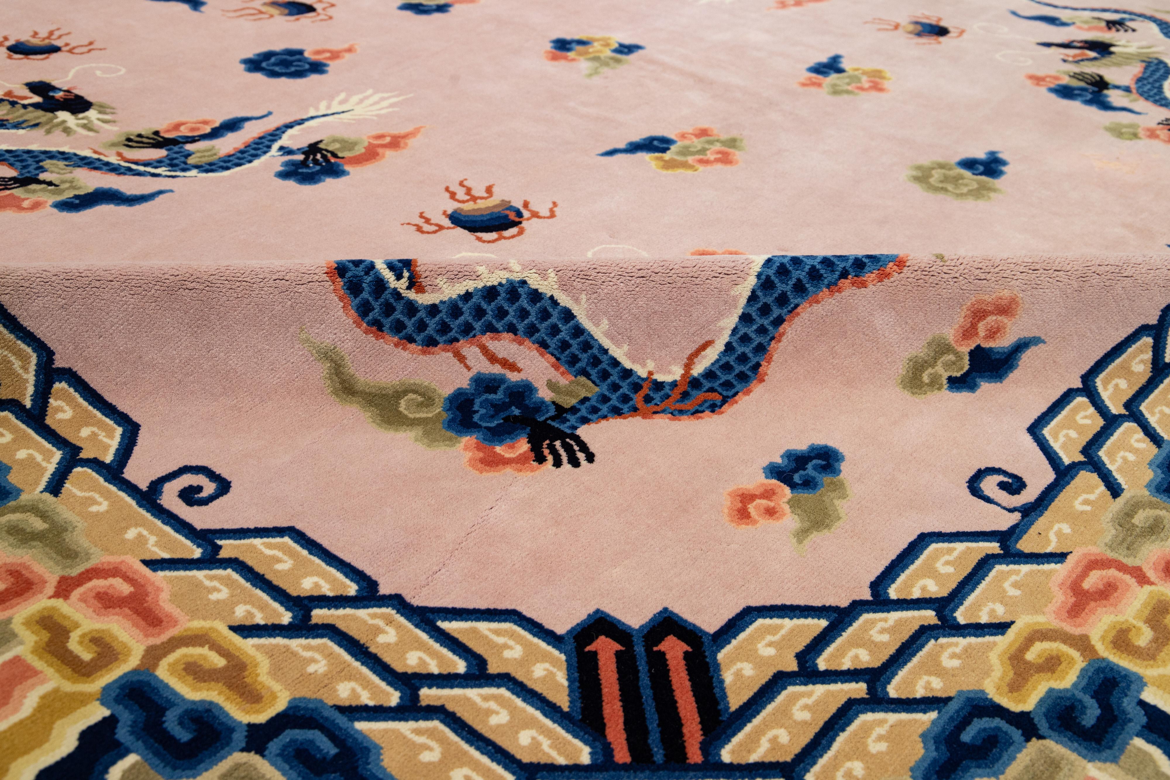 1920s Vintage Peking Wool Rug Handmade In Light Pink with Classic Chinese Design For Sale 3