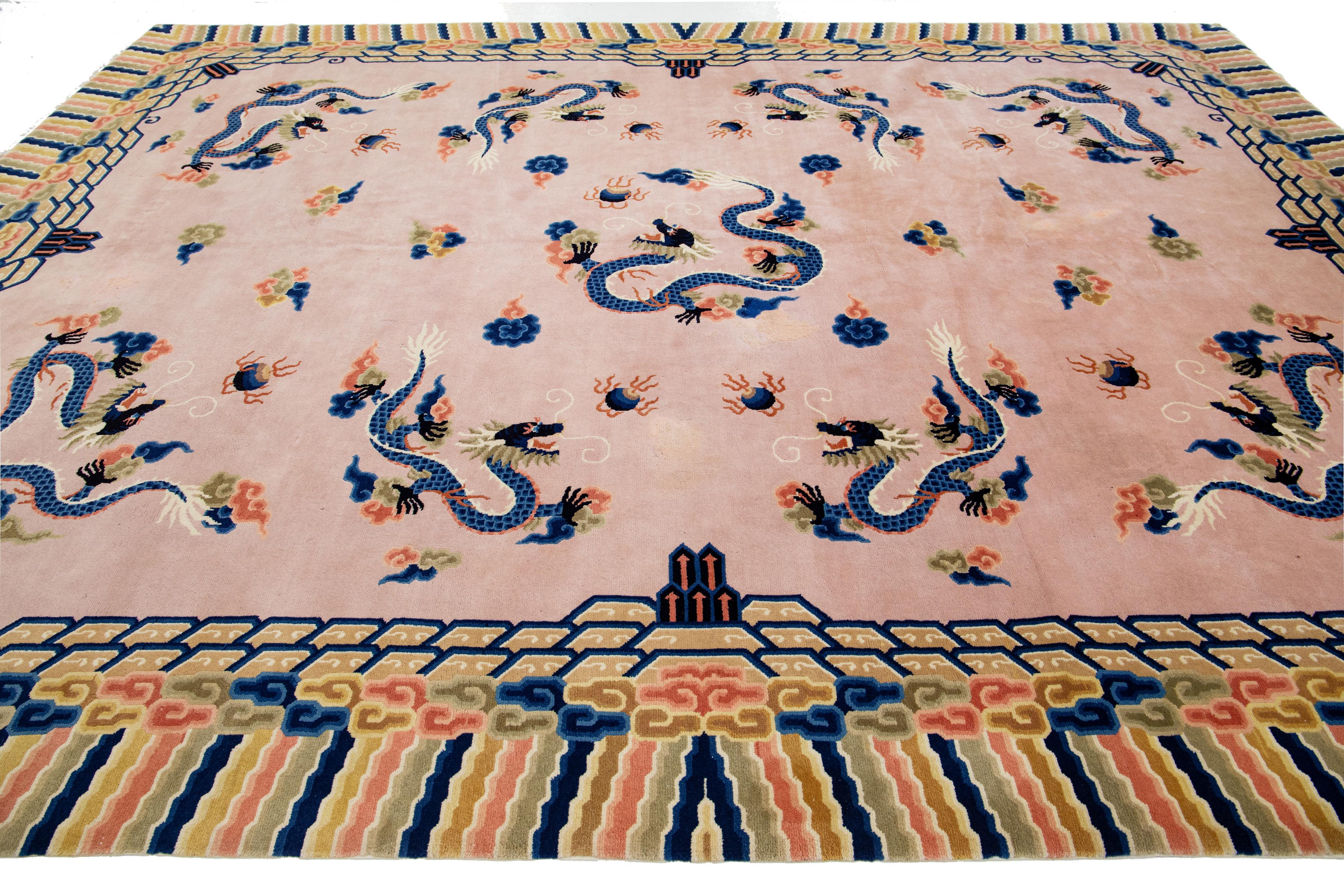 20th Century 1920s Vintage Peking Wool Rug Handmade In Light Pink with Classic Chinese Design For Sale