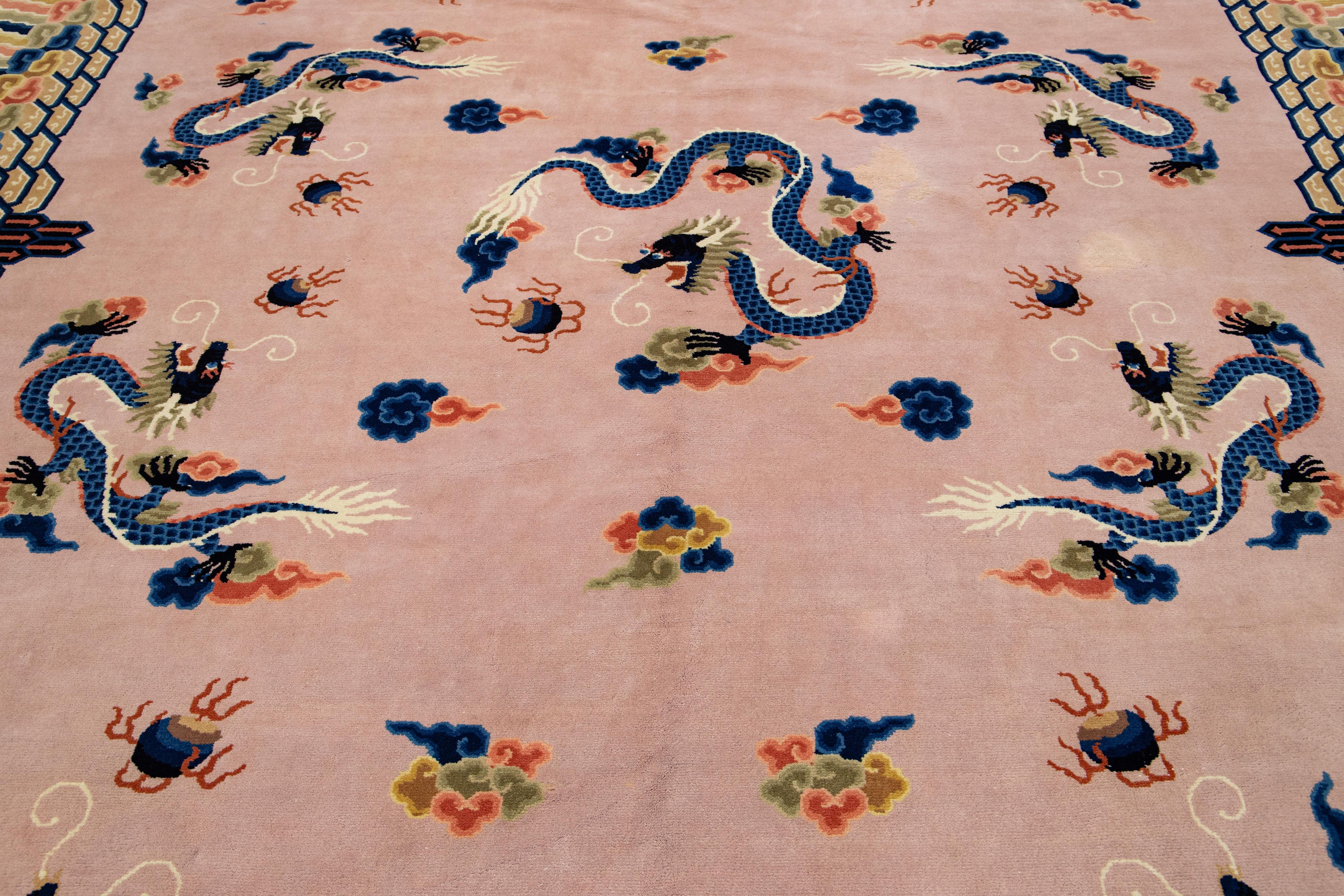 1920s Vintage Peking Wool Rug Handmade In Light Pink with Classic Chinese Design For Sale 1