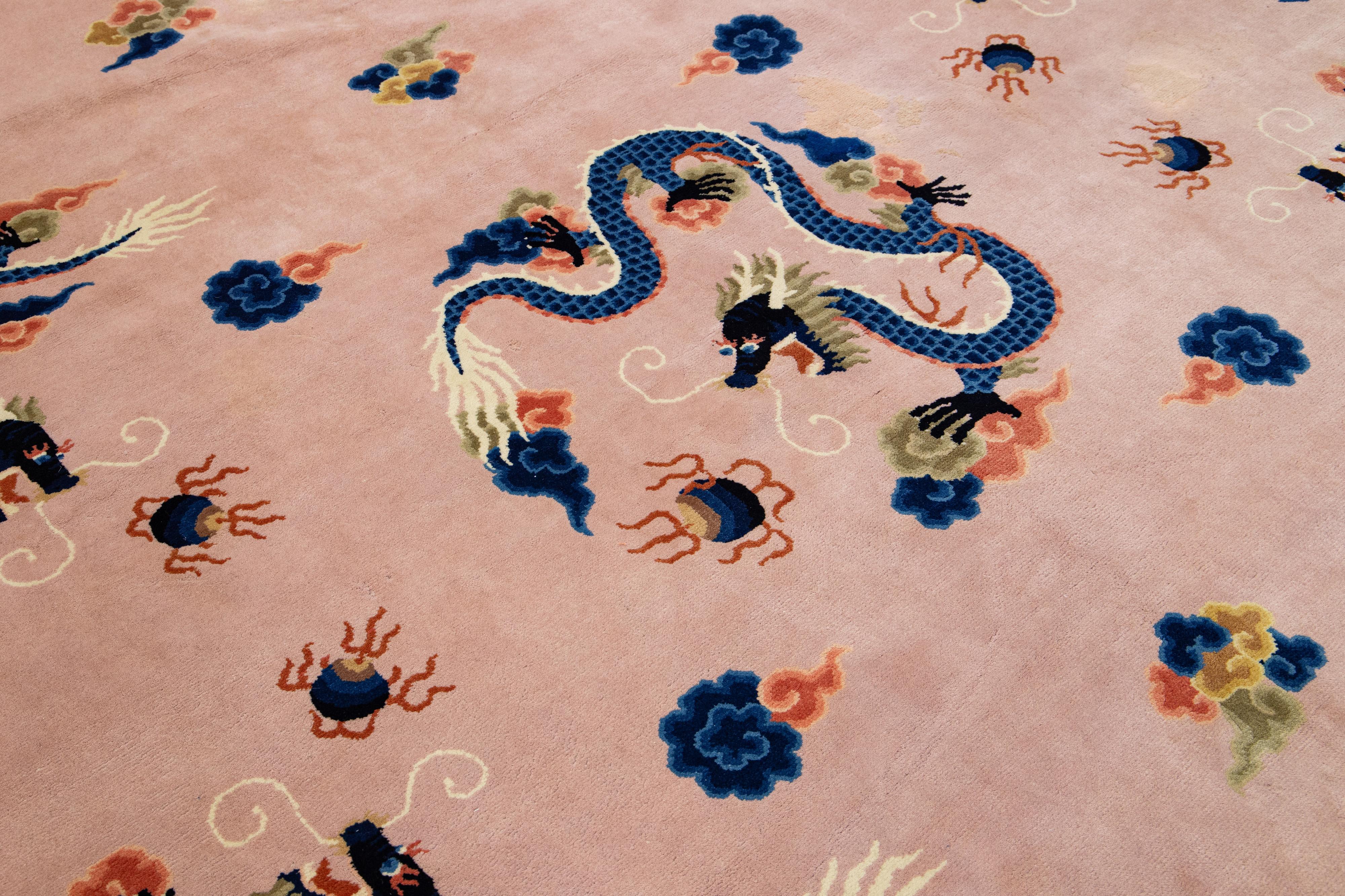 1920s Vintage Peking Wool Rug Handmade In Light Pink with Classic Chinese Design For Sale 2