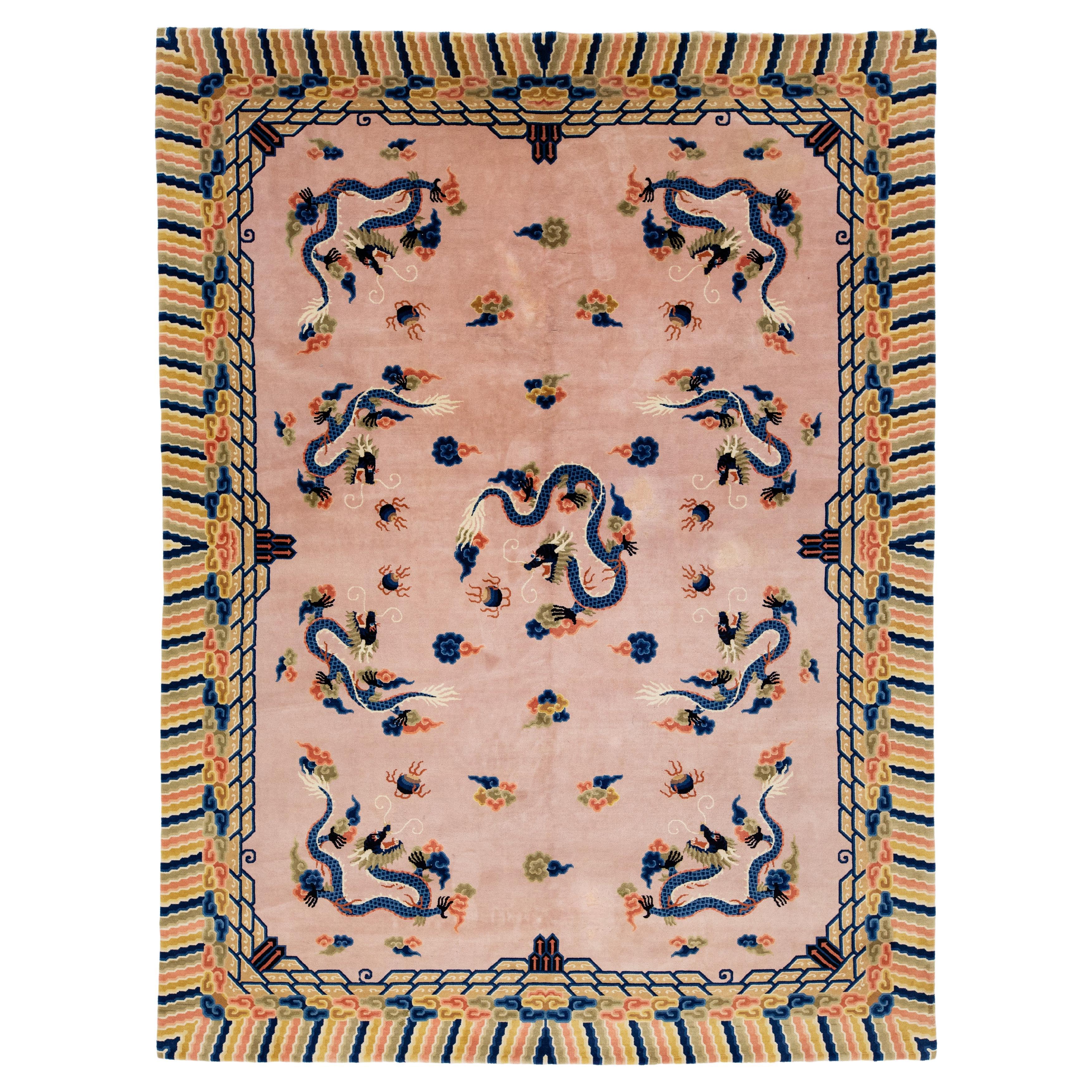 1920s Vintage Peking Wool Rug Handmade In Light Pink with Classic Chinese Design For Sale