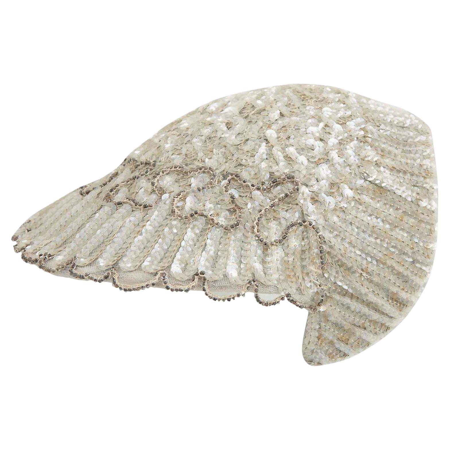 1920s Vintage - Sequinned Art Deco Cap / Hat - Front Hat Beading + Lace Lining