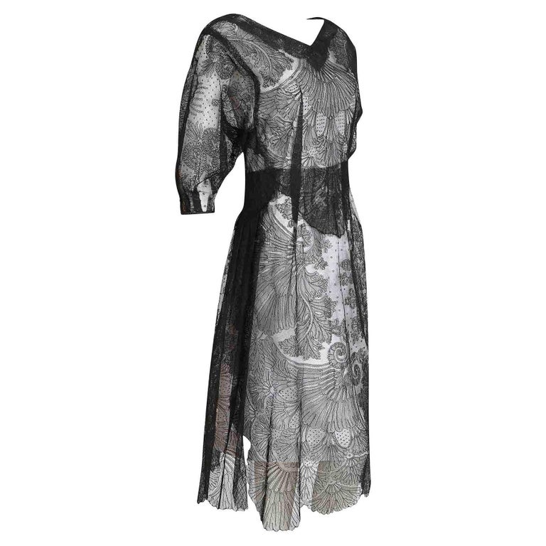 1920s Vintage Tea Dress - Black Floral Lace - V-Neck + Side Split Detail  For Sale at 1stDibs | 1920s tea dress, tea dress 1920s