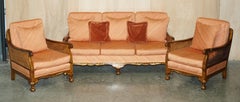 1920's WALNUT & CHINOISERIE 3 PIECE BERGERE SOFA ARMCHAIR SUITE FOR RESTORATION