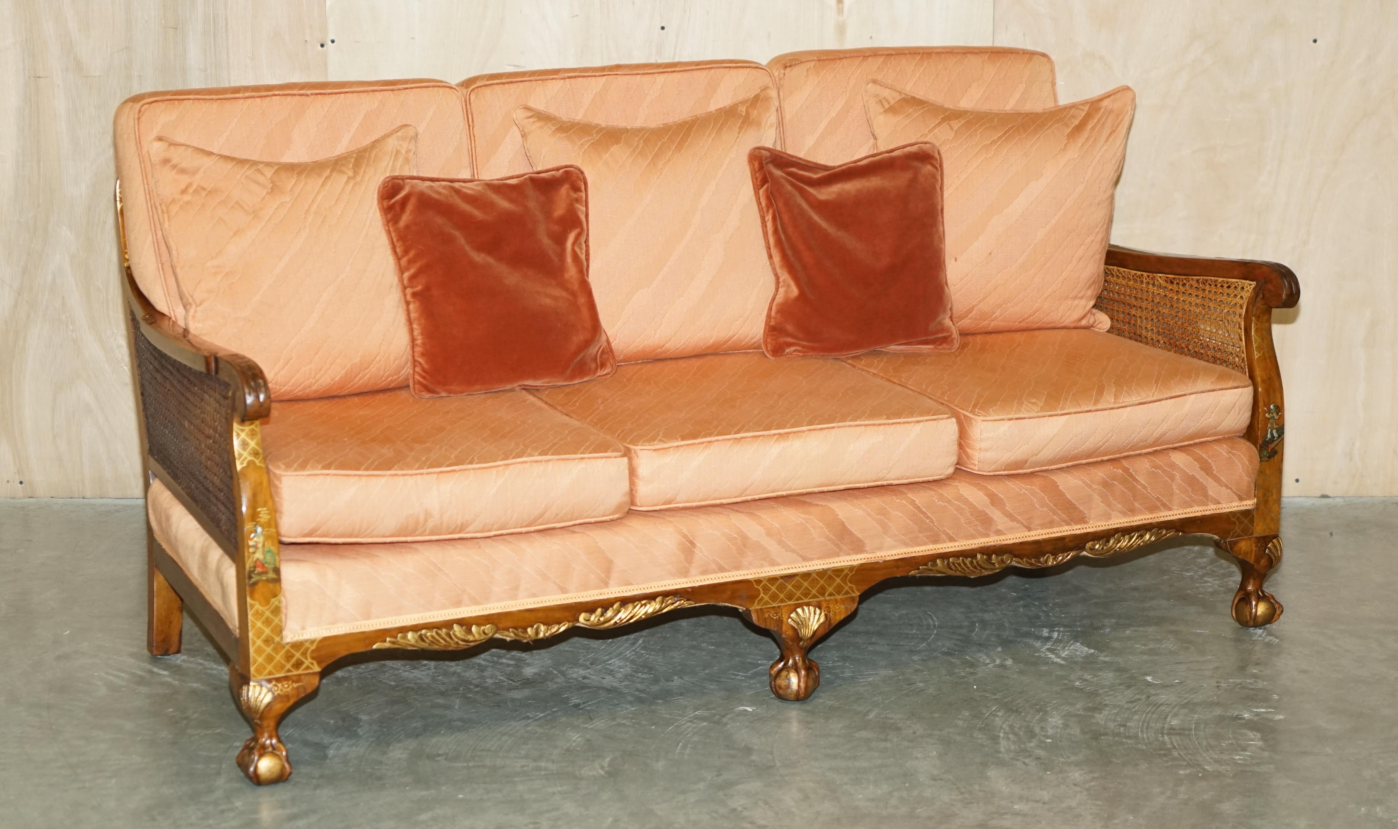 Chinese Export 1920's WALNUT & CHINOISERIE 3 PIECE BERGERE SOFA ARMCHAIR SUITE FOR RESTORATION For Sale