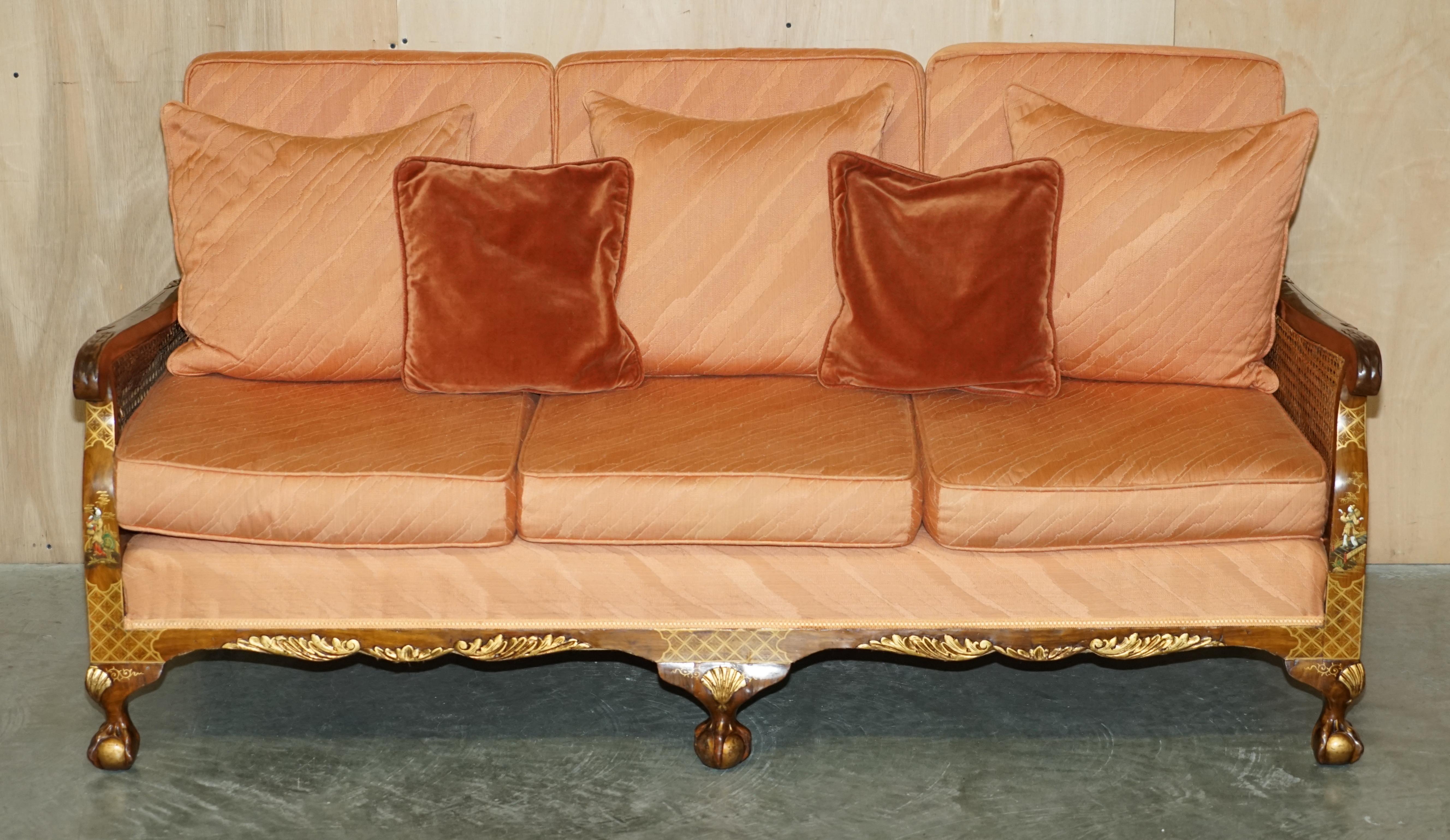Chinese 1920's WALNUT & CHINOISERIE 3 PIECE BERGERE SOFA ARMCHAIR SUITE FOR RESTORATION For Sale