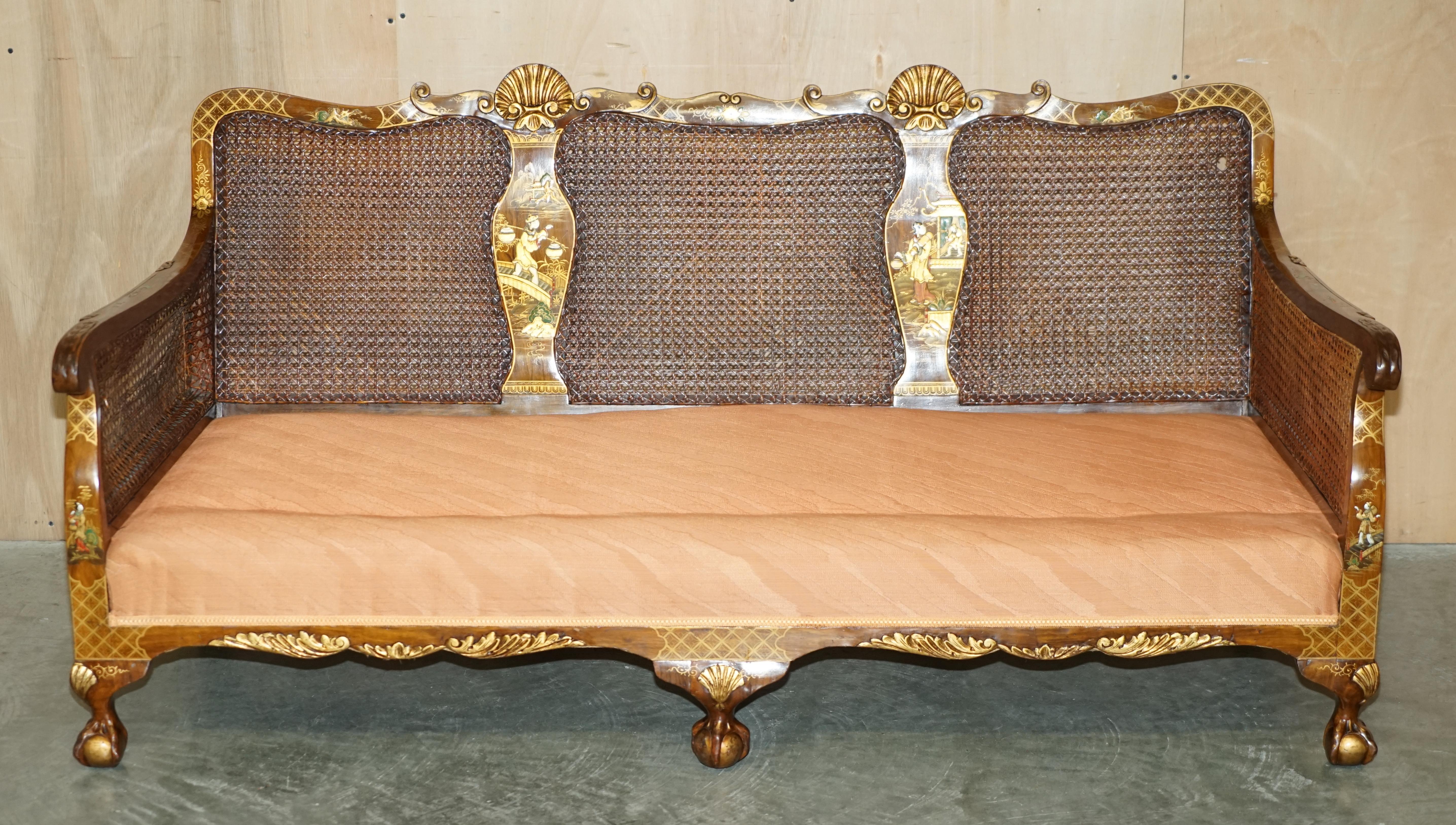 Early 20th Century 1920's WALNUT & CHINOISERIE 3 PIECE BERGERE SOFA ARMCHAIR SUITE FOR RESTORATION For Sale