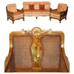 WALNUT & CHINOISERIE Costume de maison 3 pièces BERGERE SOFA ARMCHAIR des années 1920 pour la résidentielle