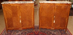 1920's Walnut French Louis XV Style Marble Top Bookcase Bar Cabinets
