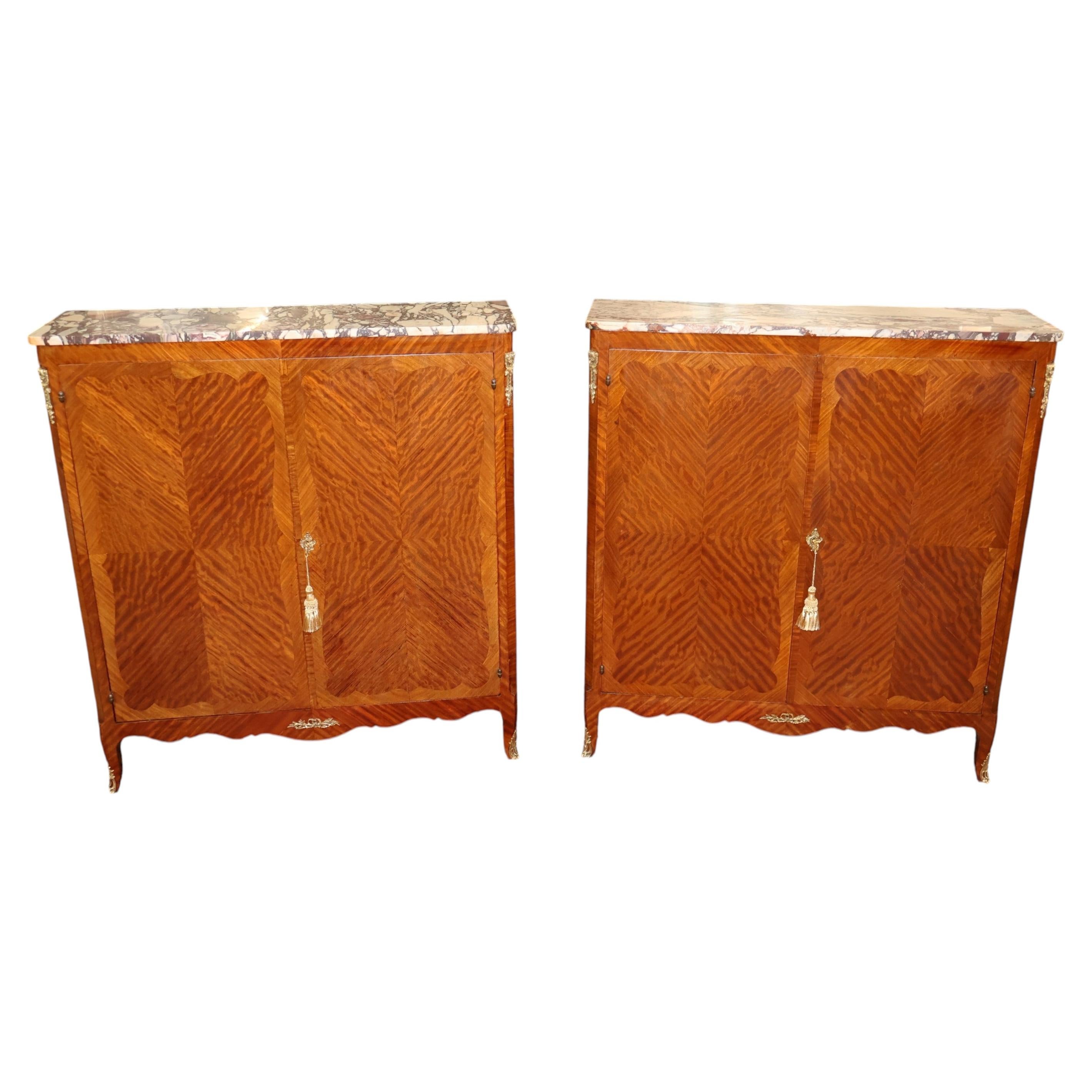 1920's Walnut French Louis XV Style Marble Top Bookcase Bar Cabinets