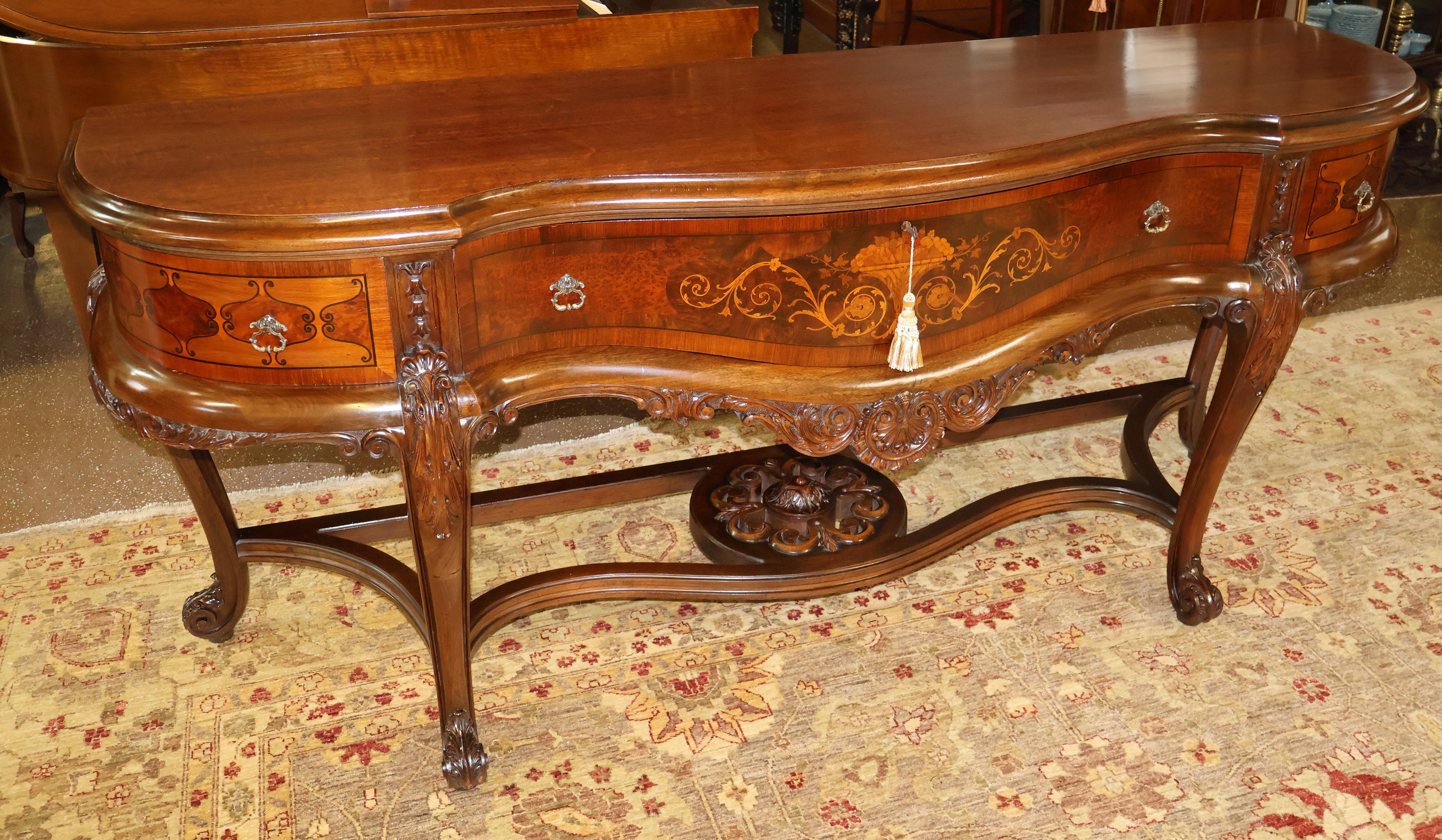 Louis XV 1920's Walnut Inlaid French Style Server Buffet Sideboard By Rockford Furniture For Sale
