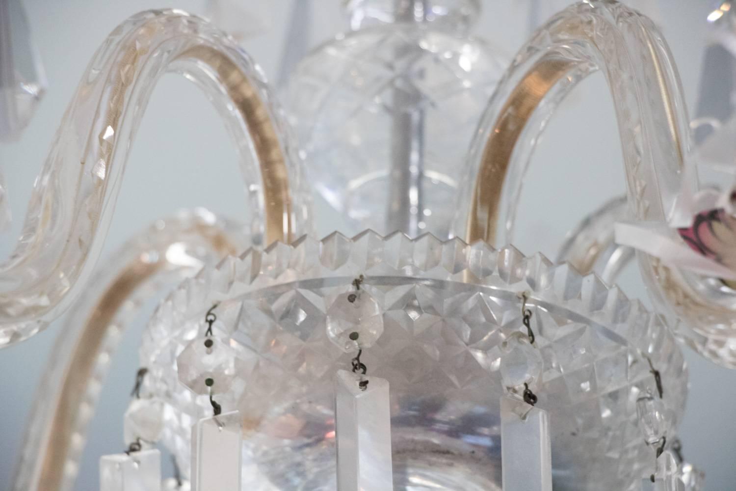 ON SALE NOW!! 1920s Waterford style fantastic! Cut crystal five-arm chandelier. Draped in lengths of mesmerizing sparkle - this cut crystal chandelier twinkles with 1920s flair. Featuring clear hand-cut crystal glimmering with beautiful iridescence!
