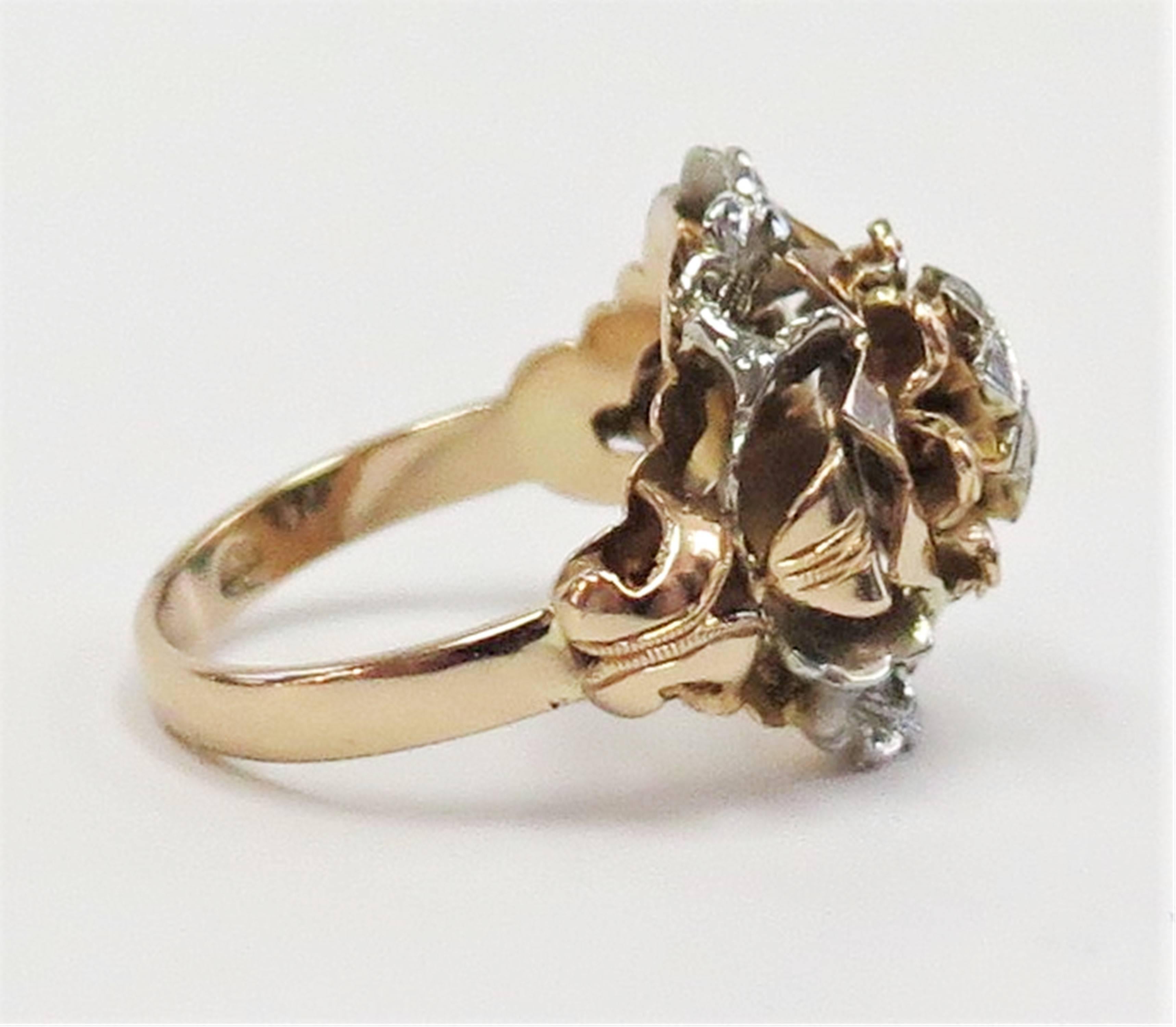 This is a unique 1920s Etruscan Revival Rose Cut Diamond centered statement ring.  It is a gorgeous ornate design in 18 karat vibrant rose gold with white gold trim. The intricate craftmanship is noteworthy.

Size 8 - we can size it for you.
2.5 mm